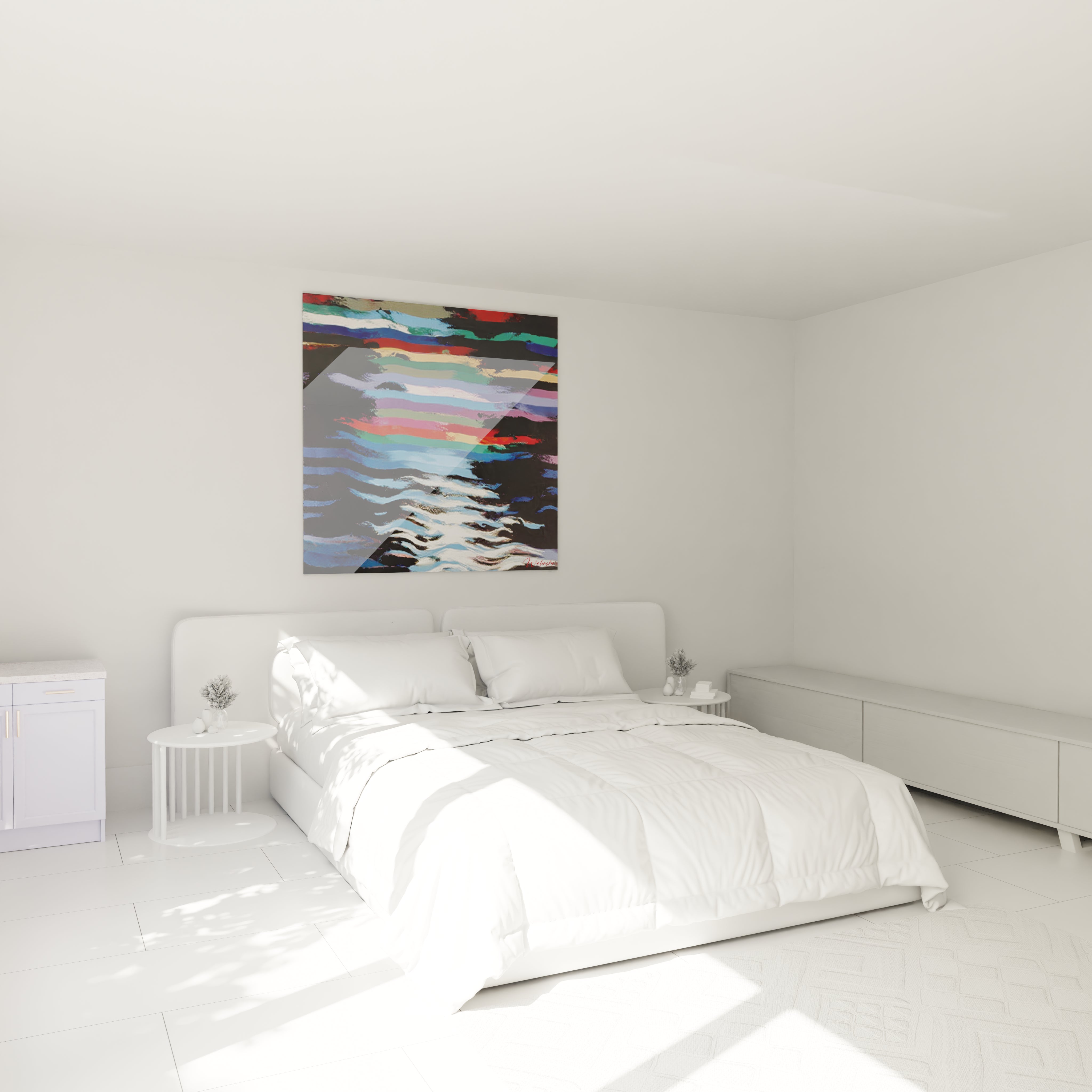 Walensky tableau paysage abstrait moderne colore accroche au dessus d un lit blanc minimaliste en chambre