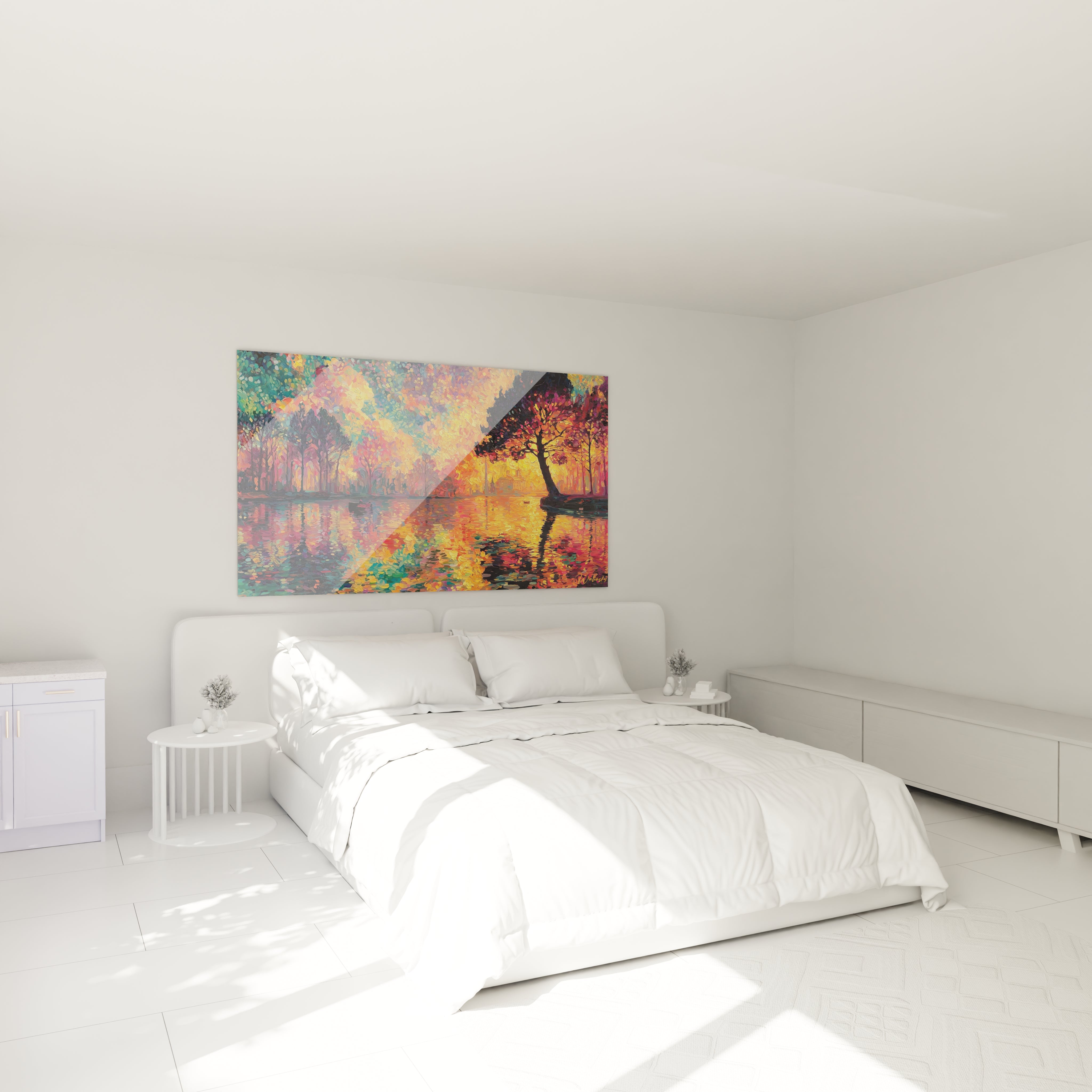 Chambre blanche minimaliste avec lit et tableau mural Walensky abstrait coloré étiqueté tableau paysage automnal pointillisme