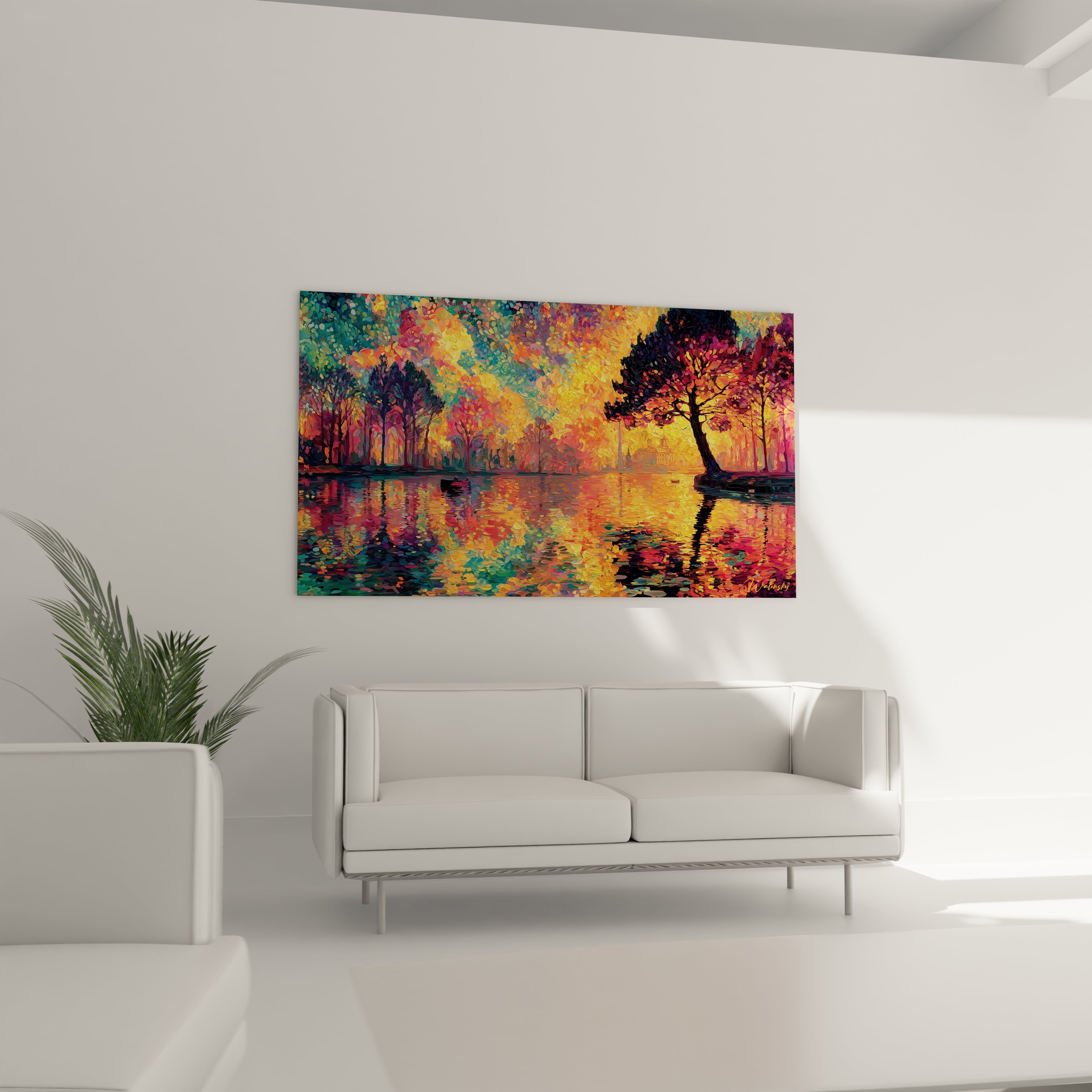 Tableau mural Walensky tableau paysage automnal pointillisme, œuvre abstraite géométrique colorée au dessus d un canapé blanc