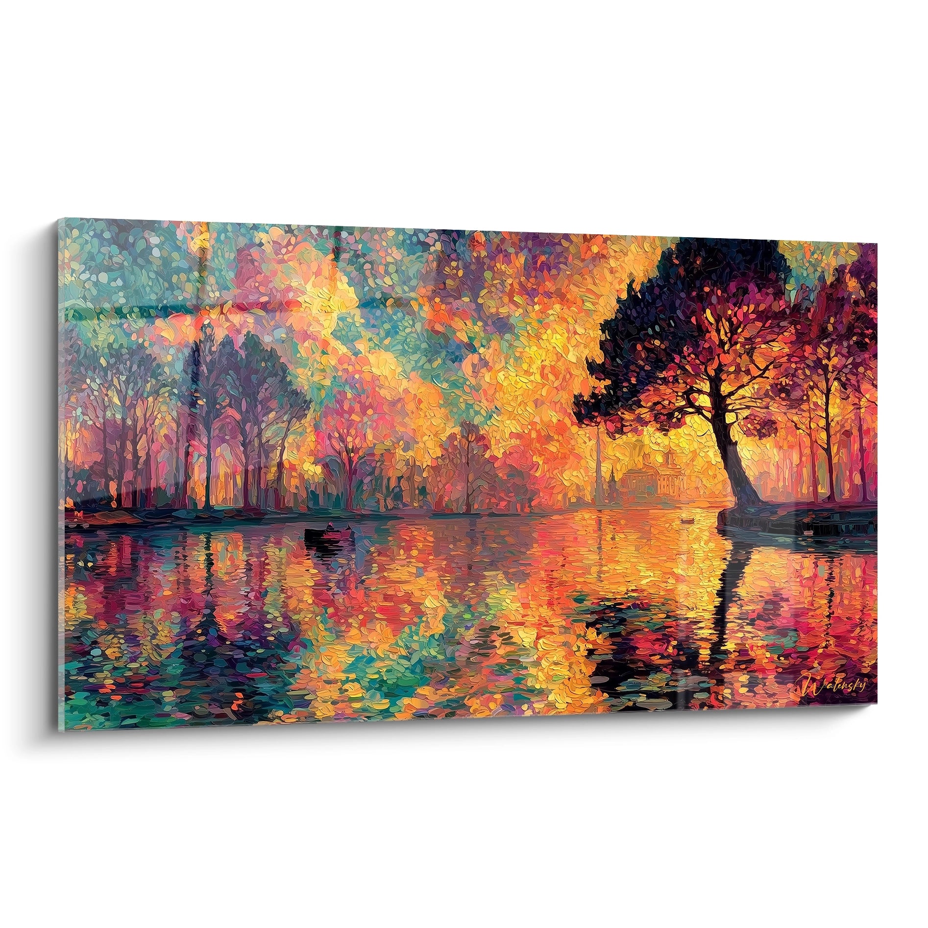 Walensky tableau paysage automnal pointillisme peinture murale couleur vive lac arbres reflet barque tranquille
