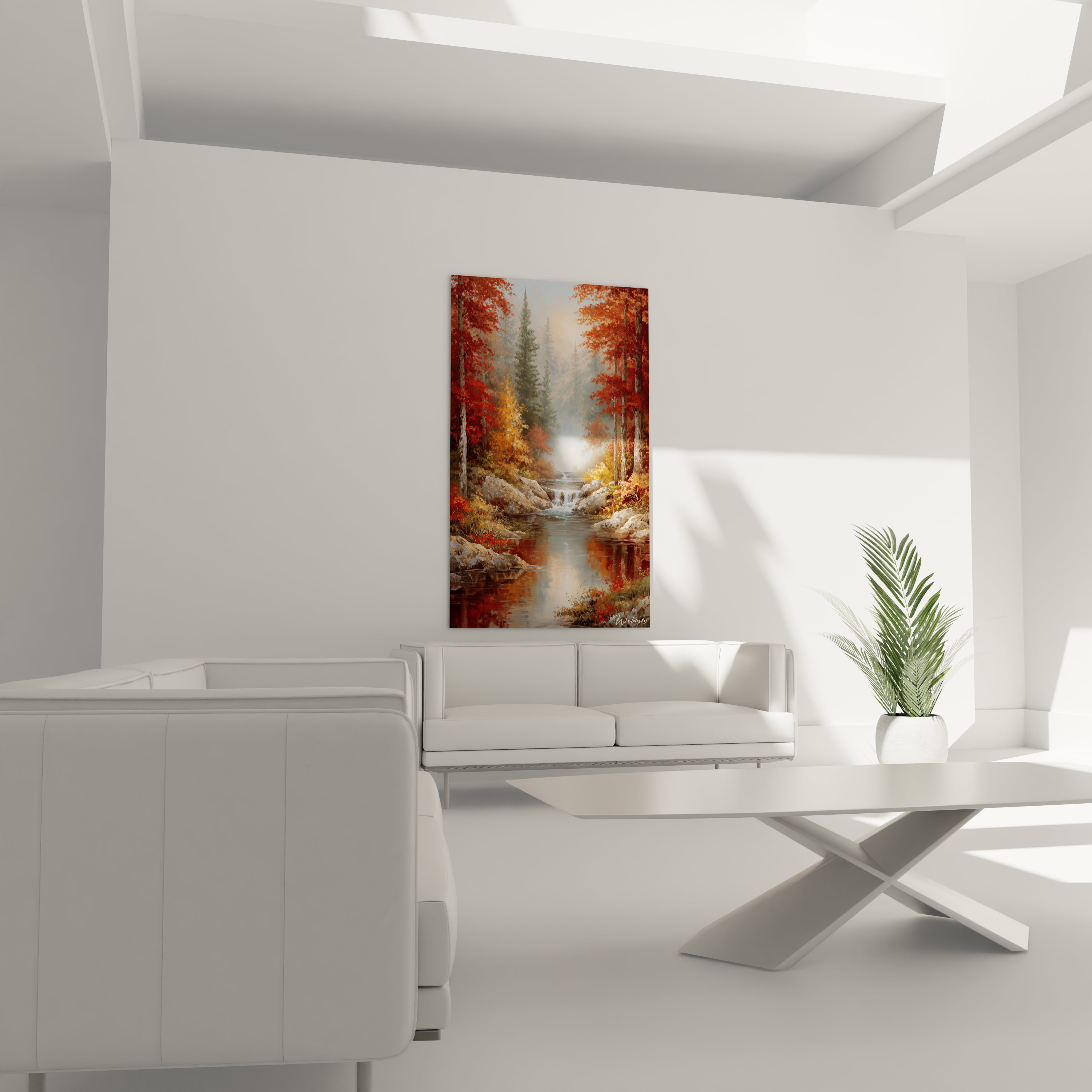 Walensky tableau paysage automnal mural représentant une rivière et forêt aux tons rouges et or dans un salon moderne