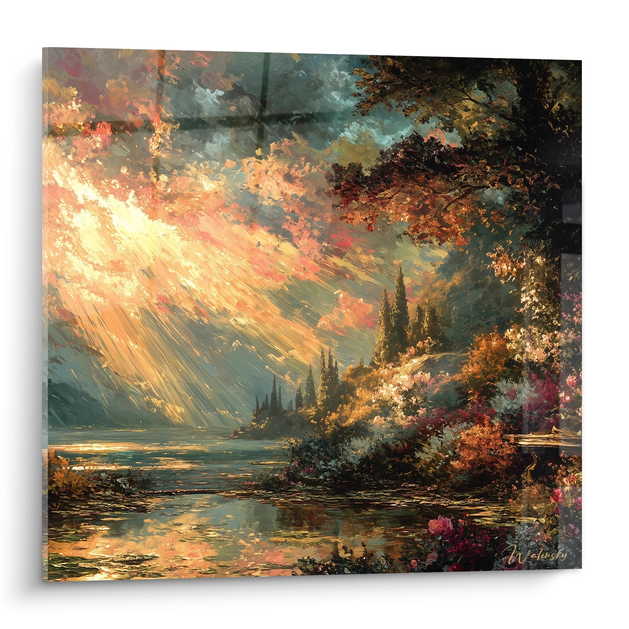 Walensky tableau mural tableau paysage gothique montrant un lac forestier baigné de lumière dorée et de feuillages