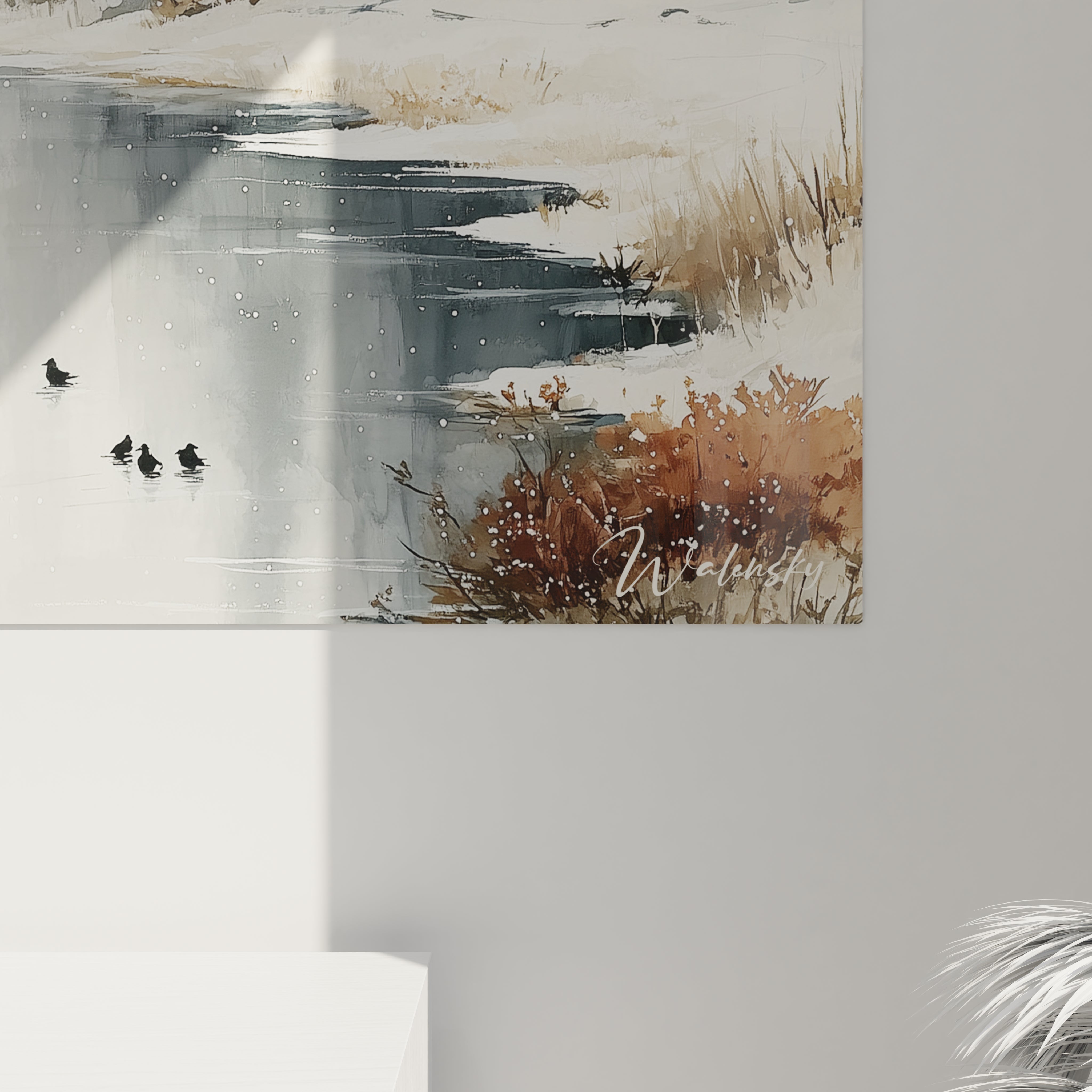 tableau paysage hivernal Walensky montrant un lac gelé partiel avec oiseaux roseaux et neige