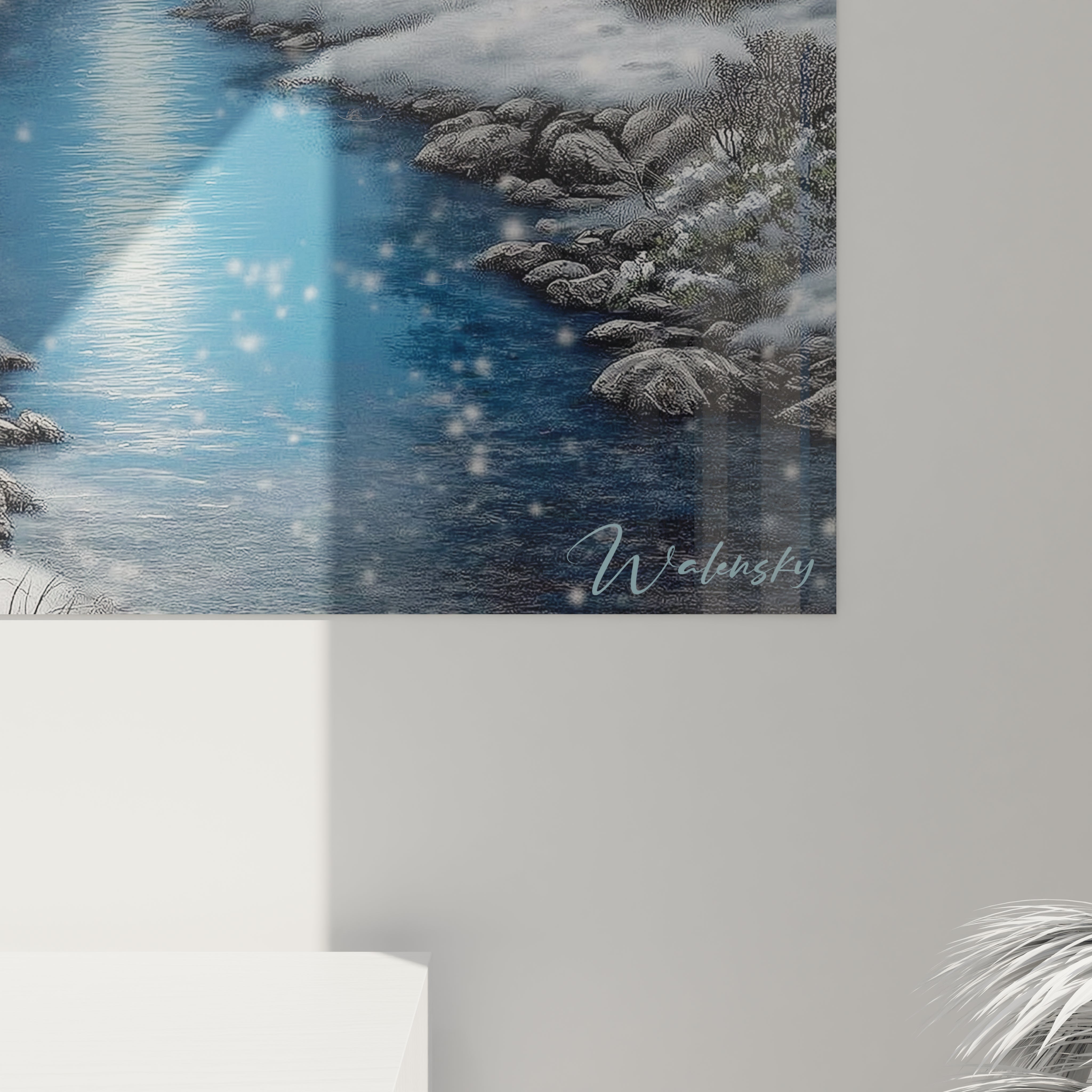 Walensky tableau paysage hivernal nordique mural montrant riviere glacee rochers enneiges et signature