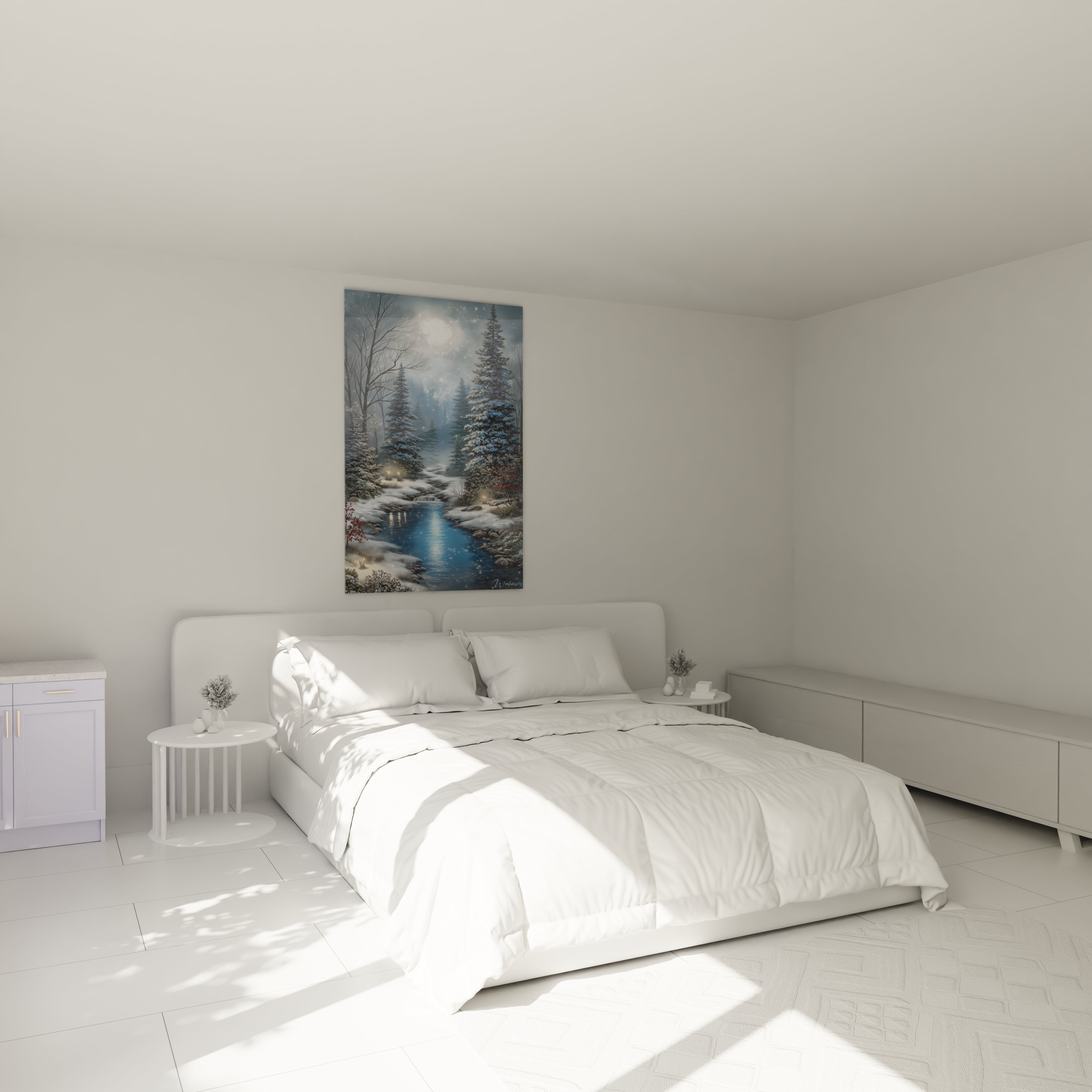 Tableau mural Walensky au dessus du lit montrant un tableau paysage hivernal nordique apaisant pour chambre minimaliste