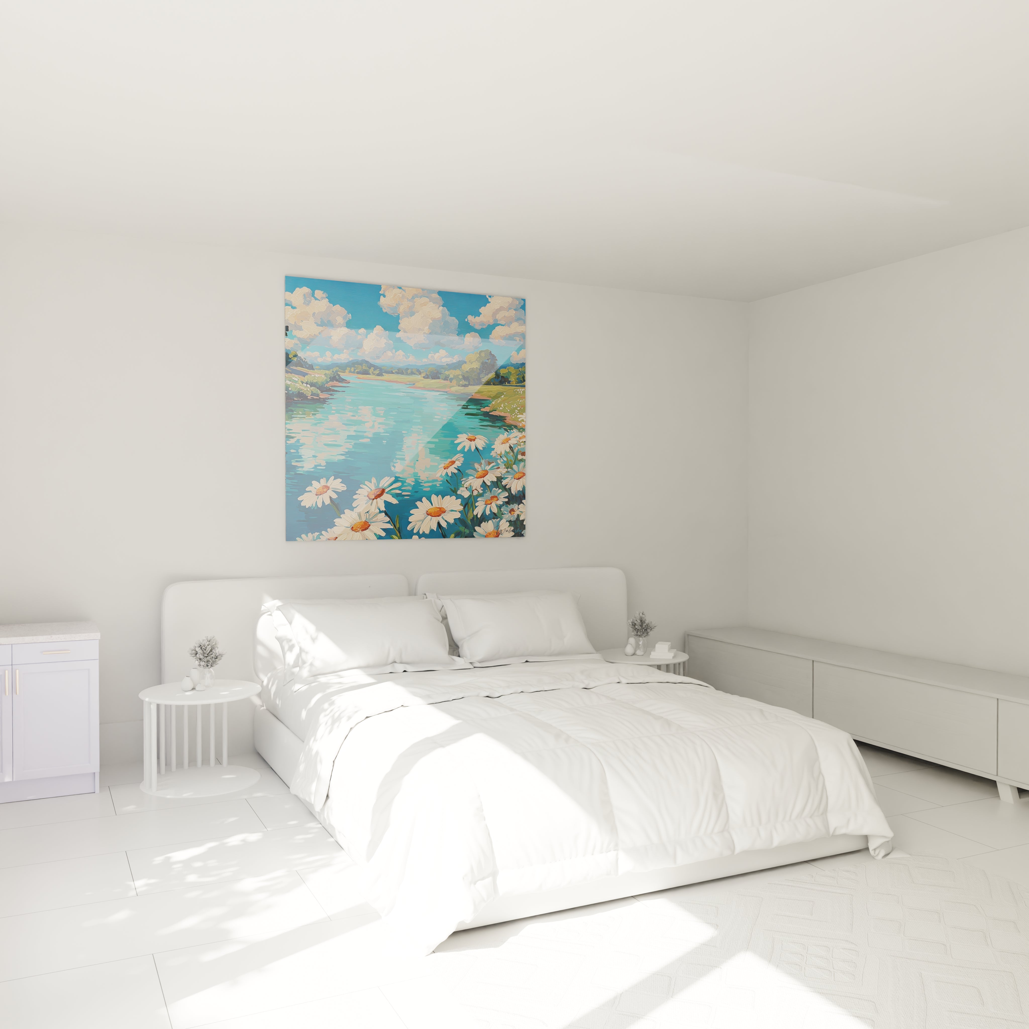 tableau paysage marguerites blanches Walensky accroche au dessus d un lit blanc dans une chambre minimaliste avec lac et ciel bleu