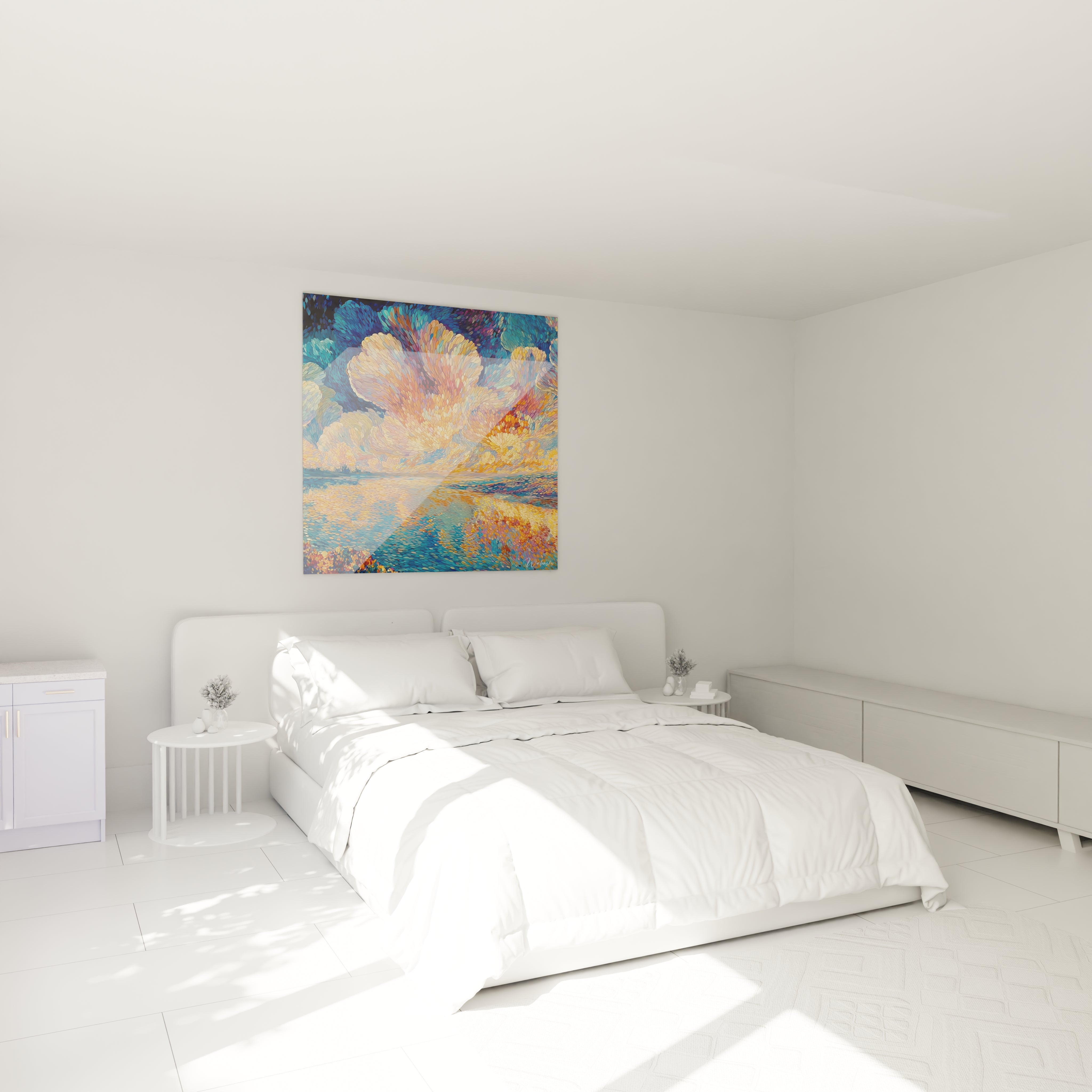 Walensky tableau paysage marin impressionniste carré aux couleurs vives accroché au dessus d un lit blanc minimaliste