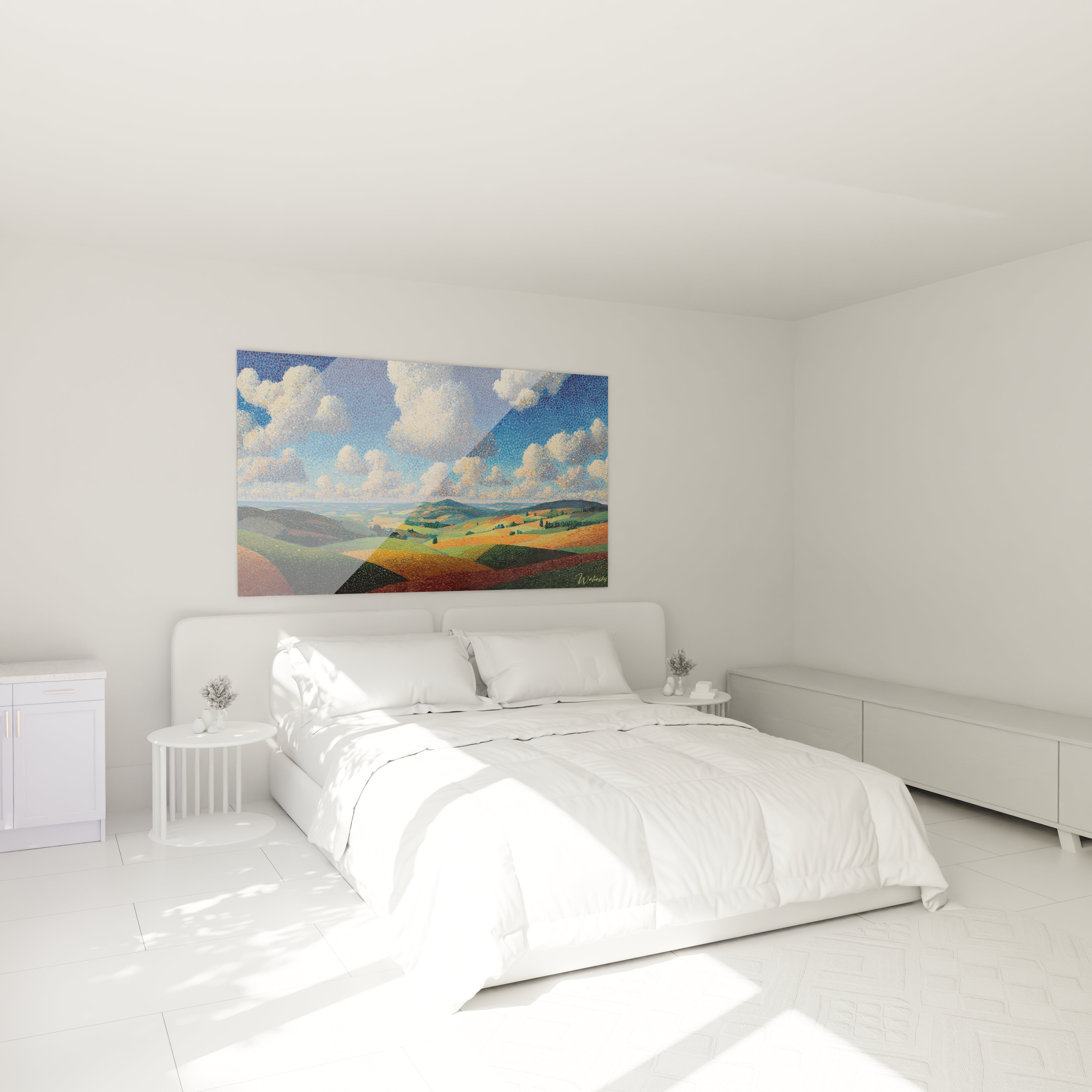 Tableau mural Walensky tableau paysage pointillisme coloré accroché au dessus du lit dans chambre minimaliste