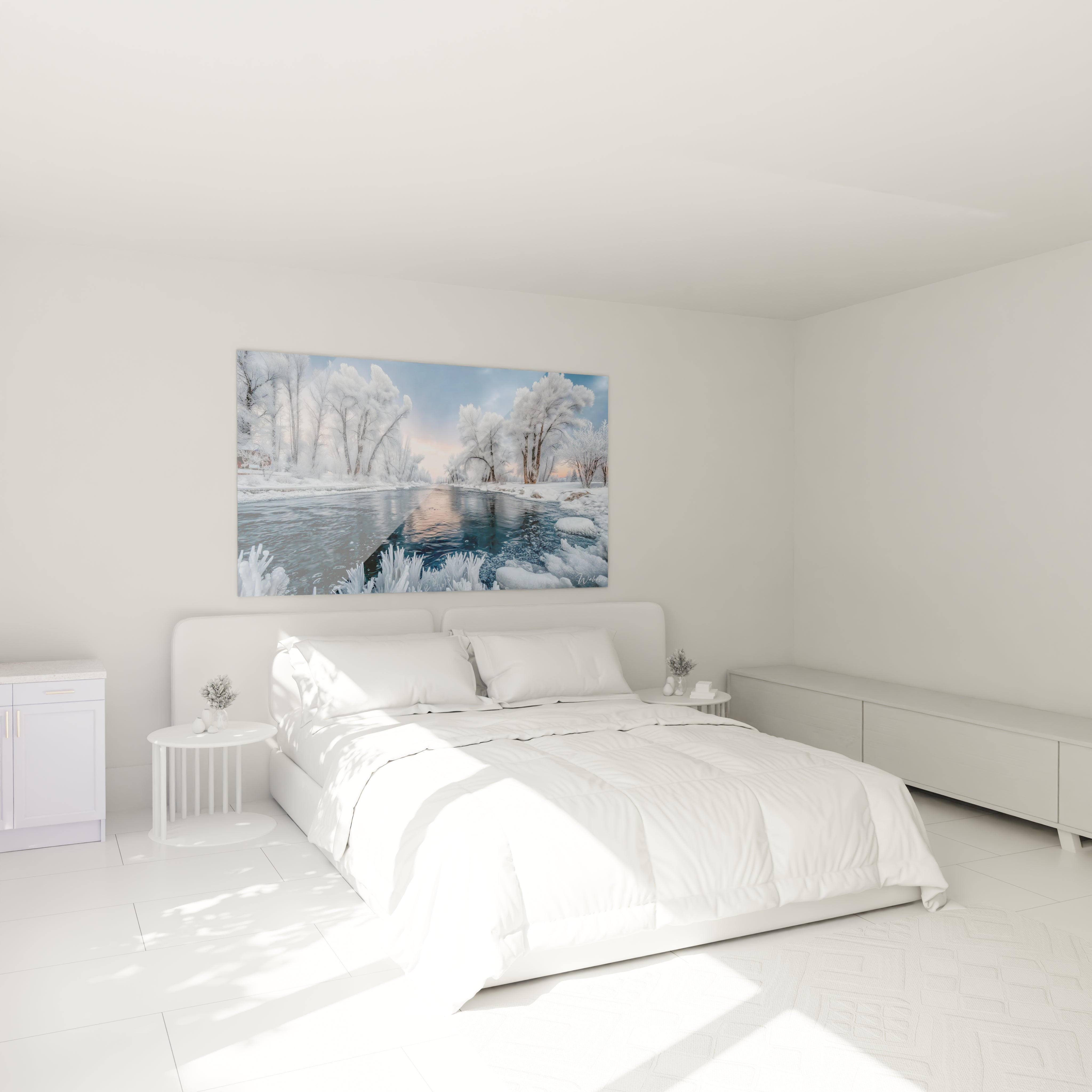 Tableau mural Walensky au dessus d un lit blanc montrant un tableau paysage rivière hivernal enneigé avec arbres givrés et reflet