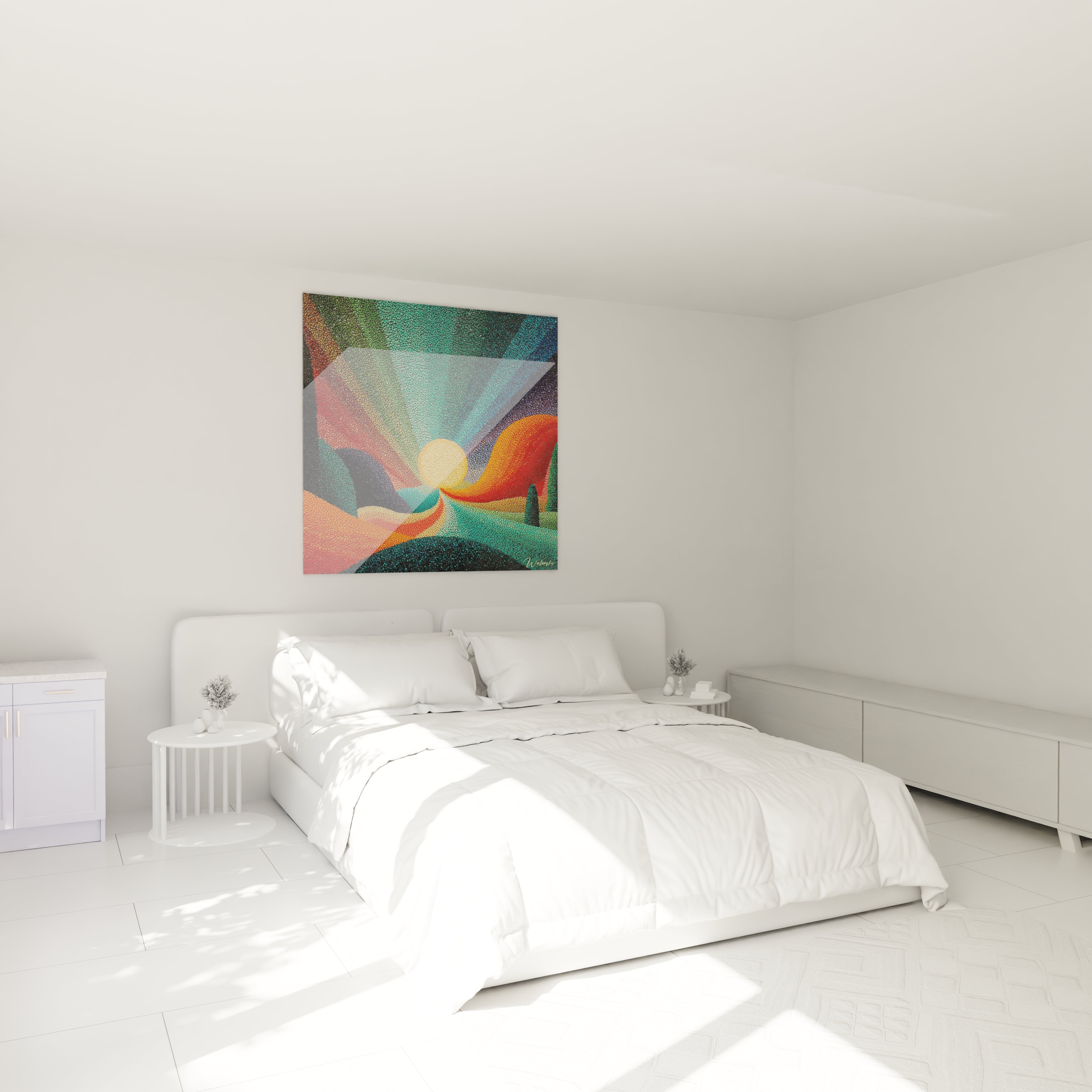 Walensky tableau paysage soleil doré coloré style abstrait accroché au dessus du lit blanc dans une chambre minimaliste lumineuse