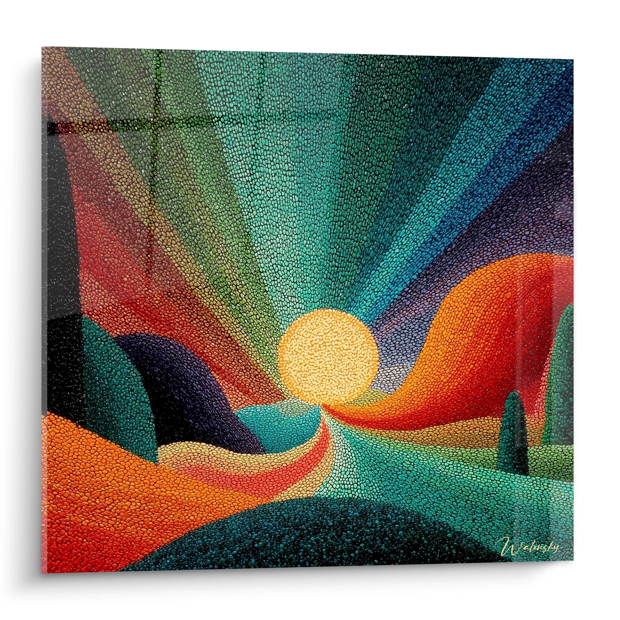 tableau mural Walensky tableau paysage soleil doré abstrait en mosaïque couleurs vives soleil central collines ondulées