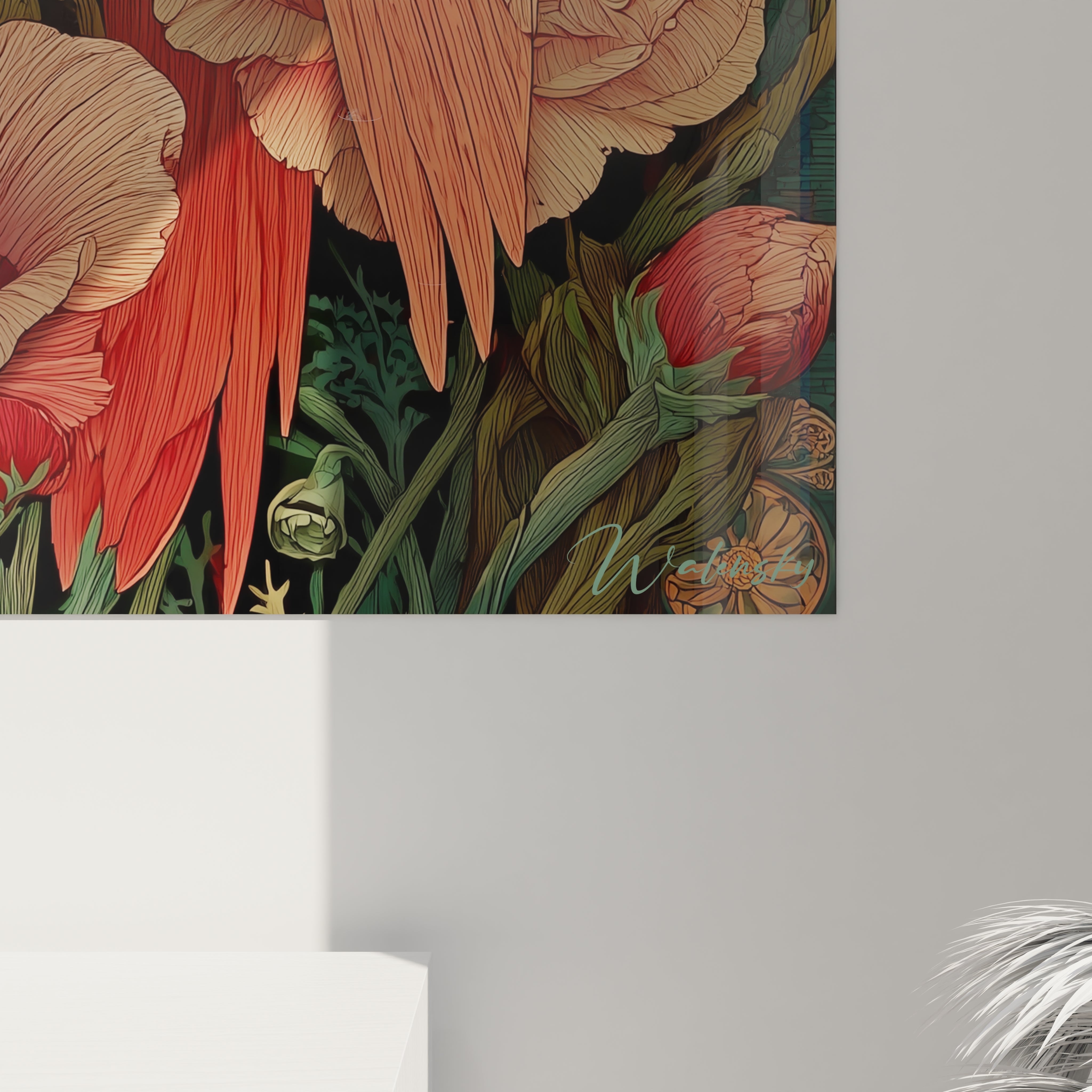 Tableau mural Walensky tableau perroquet art nouveau avec plumes rouges et fleurs stylisées