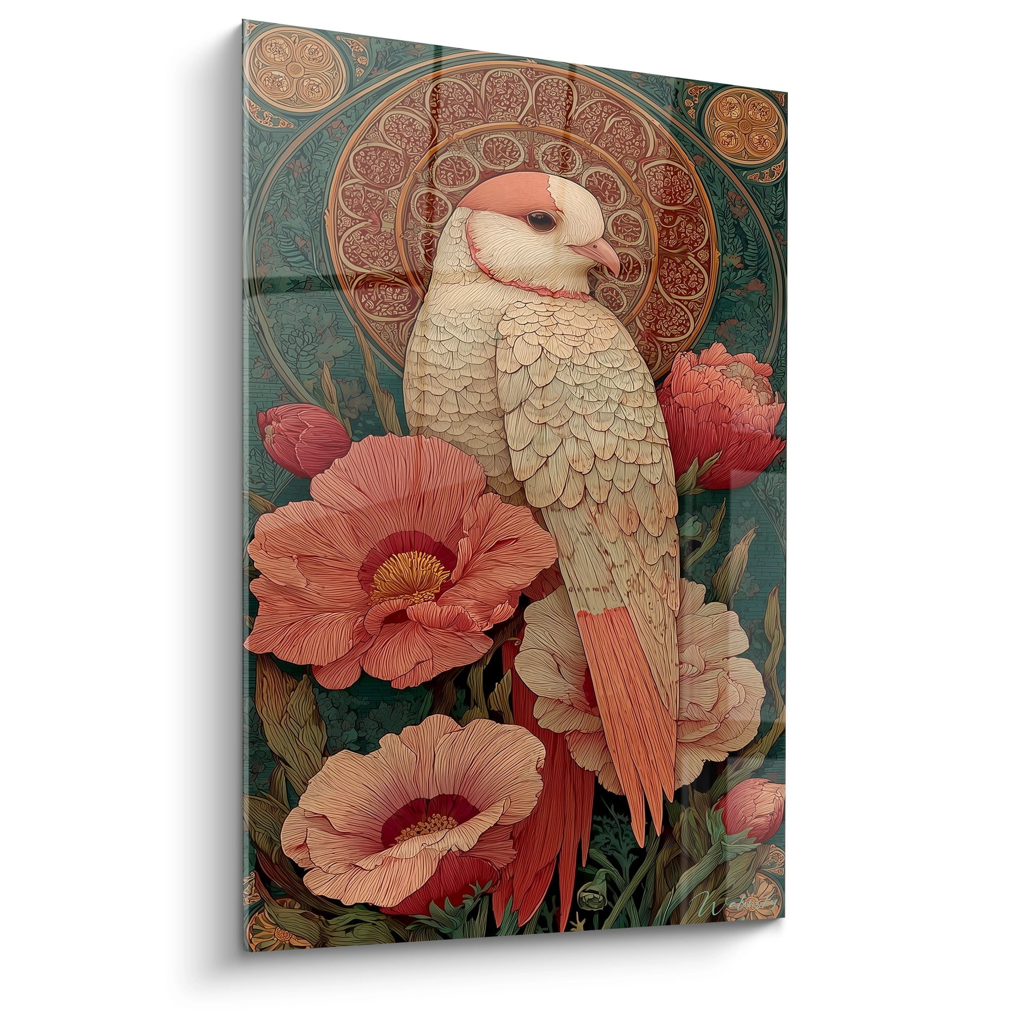 tableau perroquet art nouveau Walensky oiseau blanc et corail posé parmi grandes fleurs roses sur fond ornemental