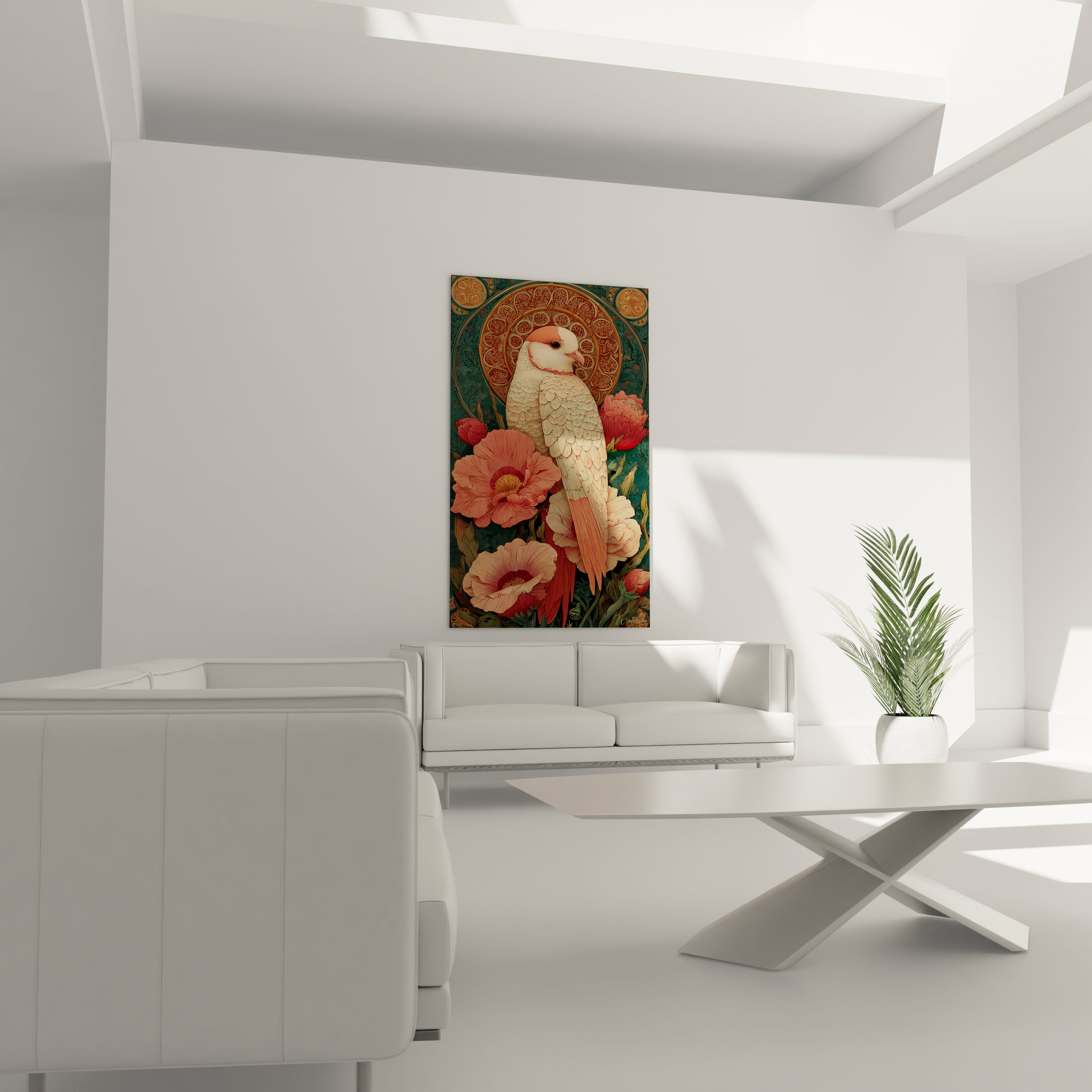 Tableau mural Walensky tableau perroquet art nouveau montrant un perroquet blanc parmi de grandes fleurs sur fond vert