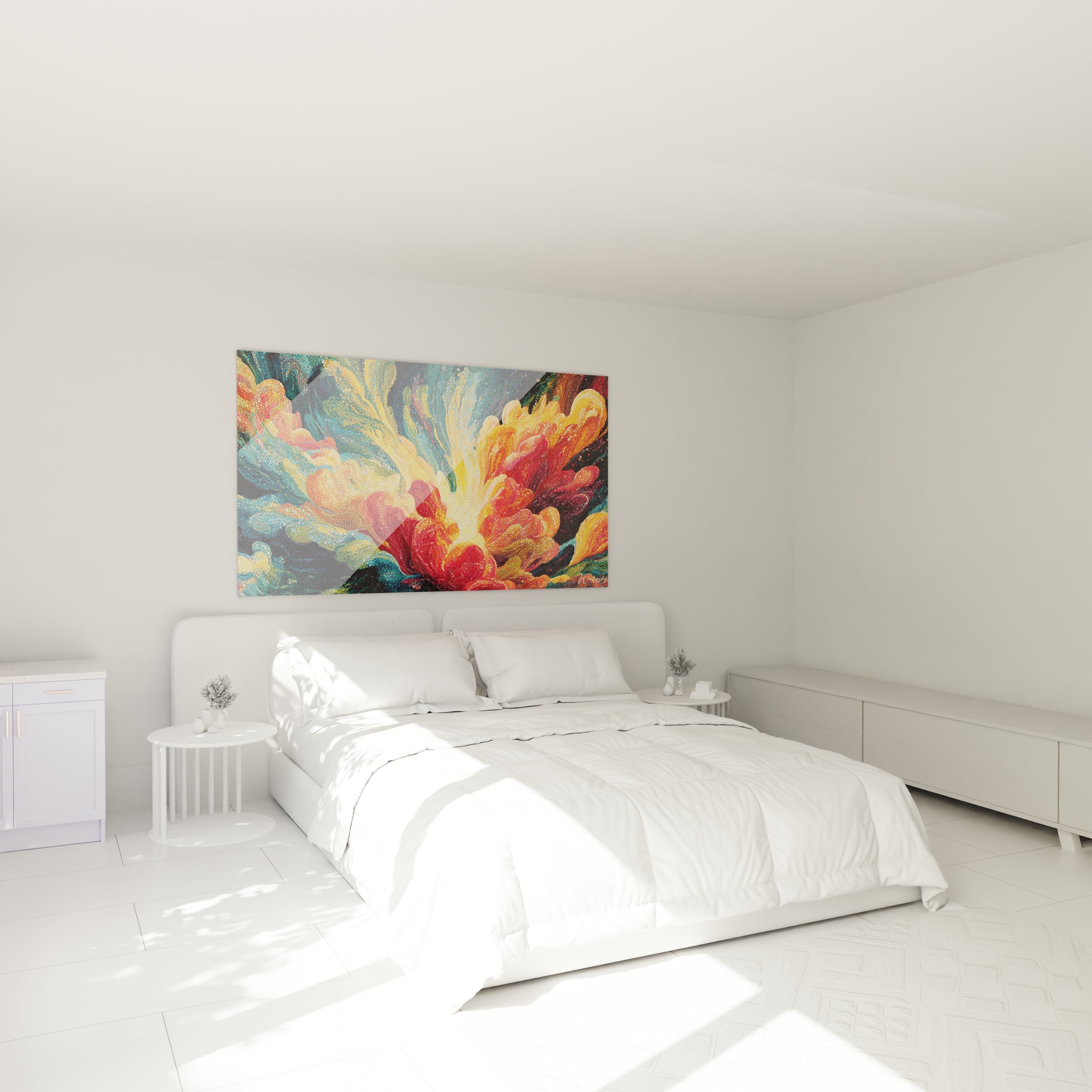 tableau pointillisme fleur Walensky grand tableau mural floral coloré accroché au dessus d un lit blanc minimaliste