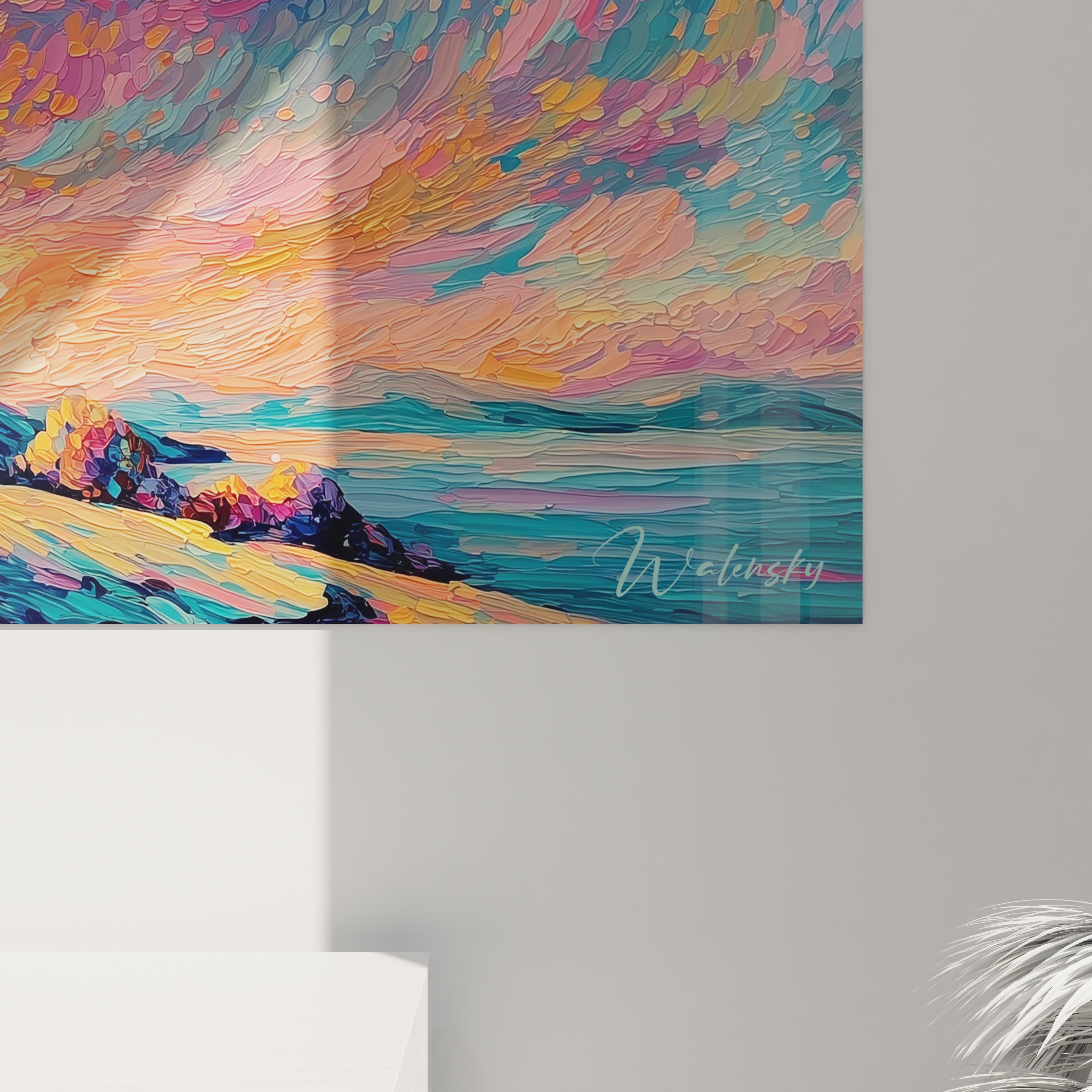 Tableau mural Walensky tableau pointillisme paysage abstrait aux tons sombres accroché au mur dans un salon moderne