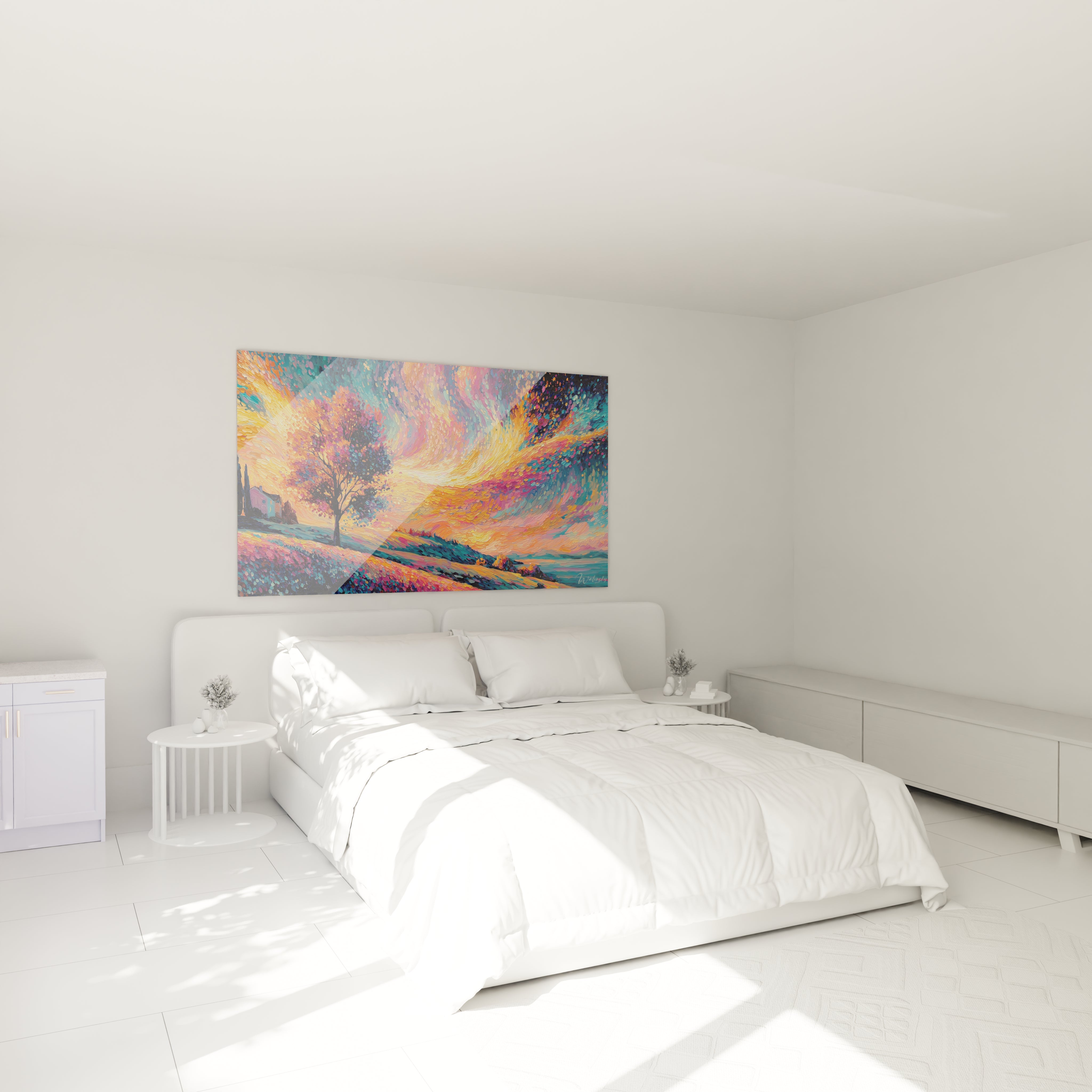 Walensky tableau pointillisme paysage coloré accroché au dessus du lit dans une chambre minimaliste blanche