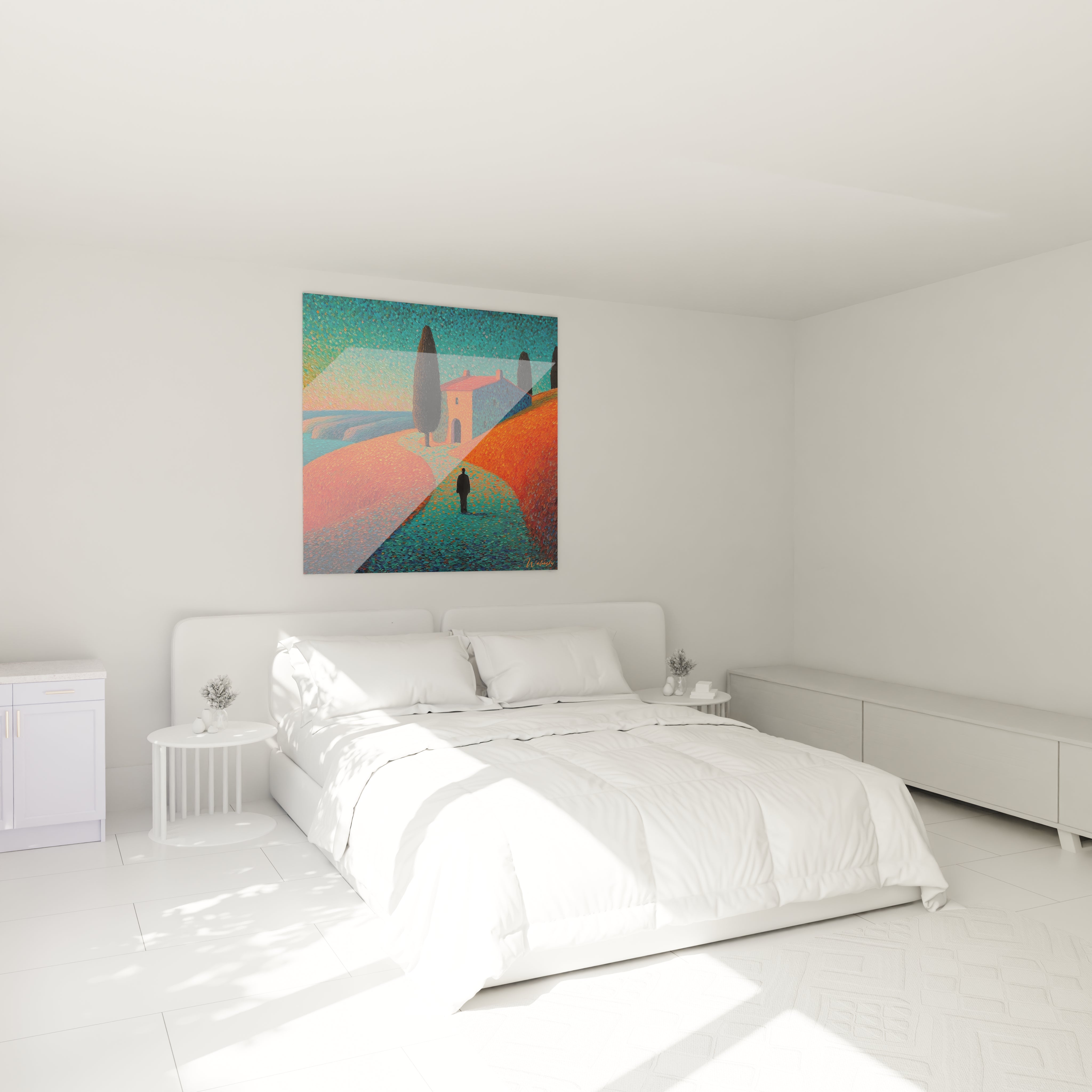 tableau pointillisme paysage méditerranéen Walensky accroché au dessus d un lit blanc dans une chambre minimaliste