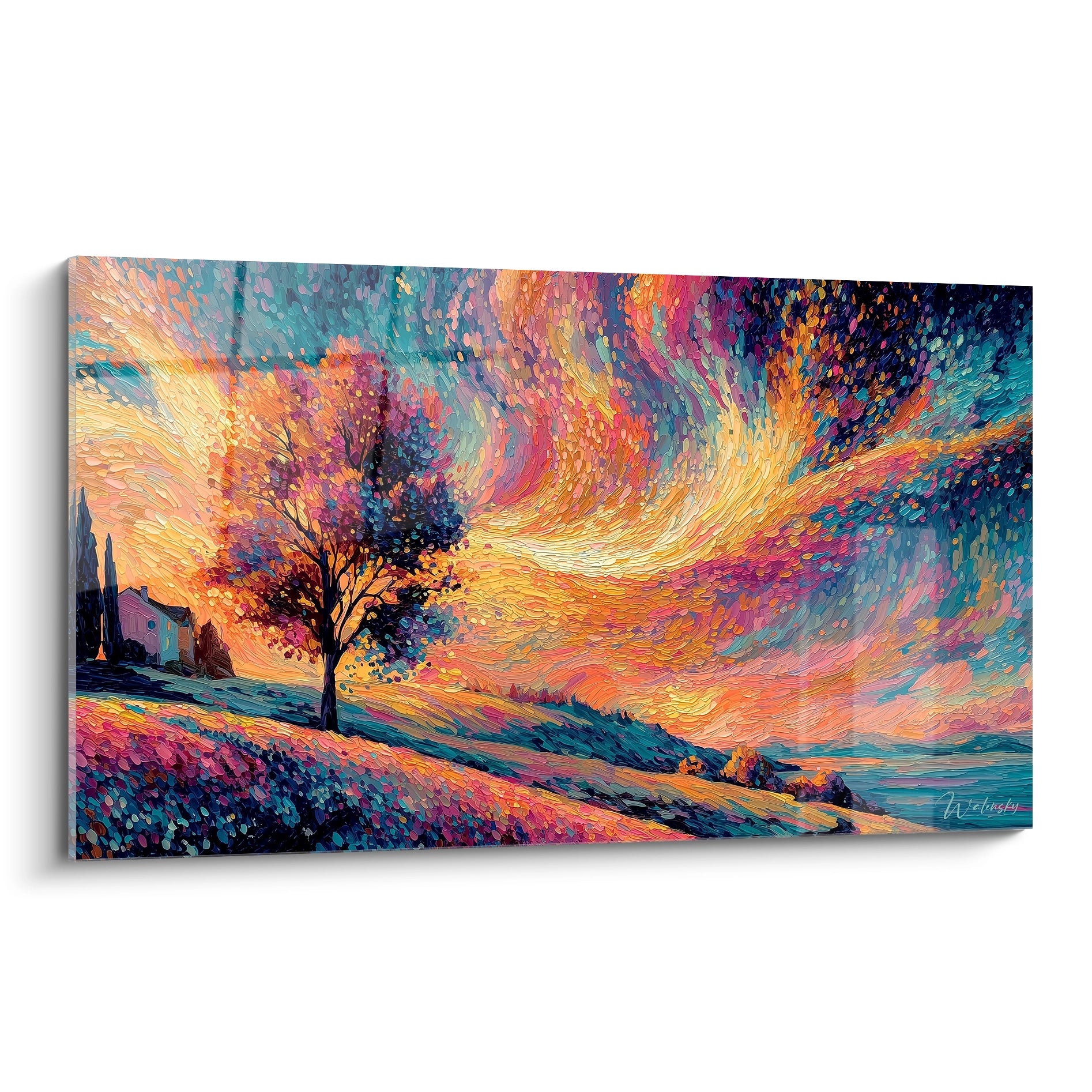 tableau pointillisme paysage Walensky grand format avec arbre maisons au bord dune colline et ciel tourbillonnant coloré
