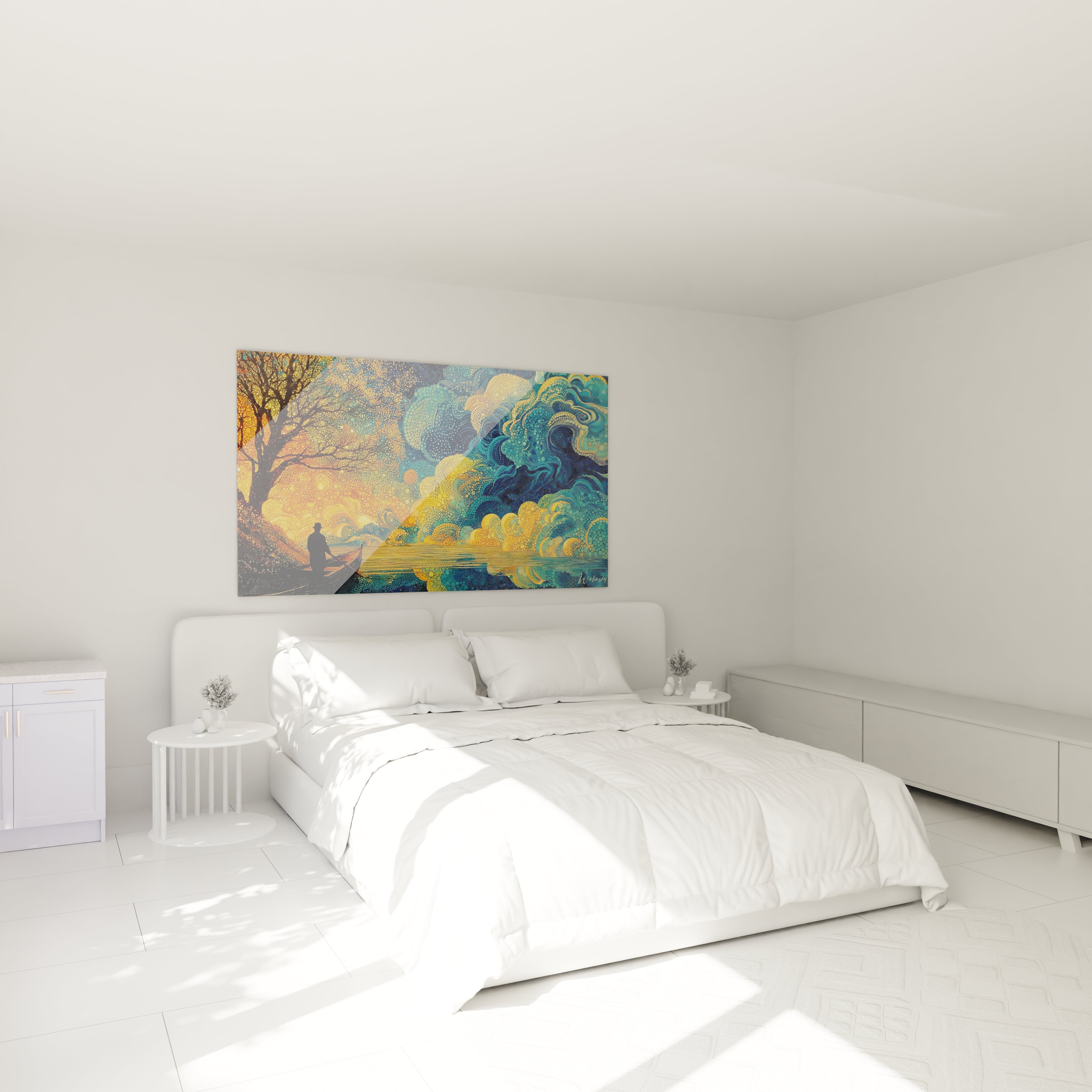 tableau pointillisme pêcheur crépuscule Walensky accroché au dessus du lit dans une chambre blanche minimaliste