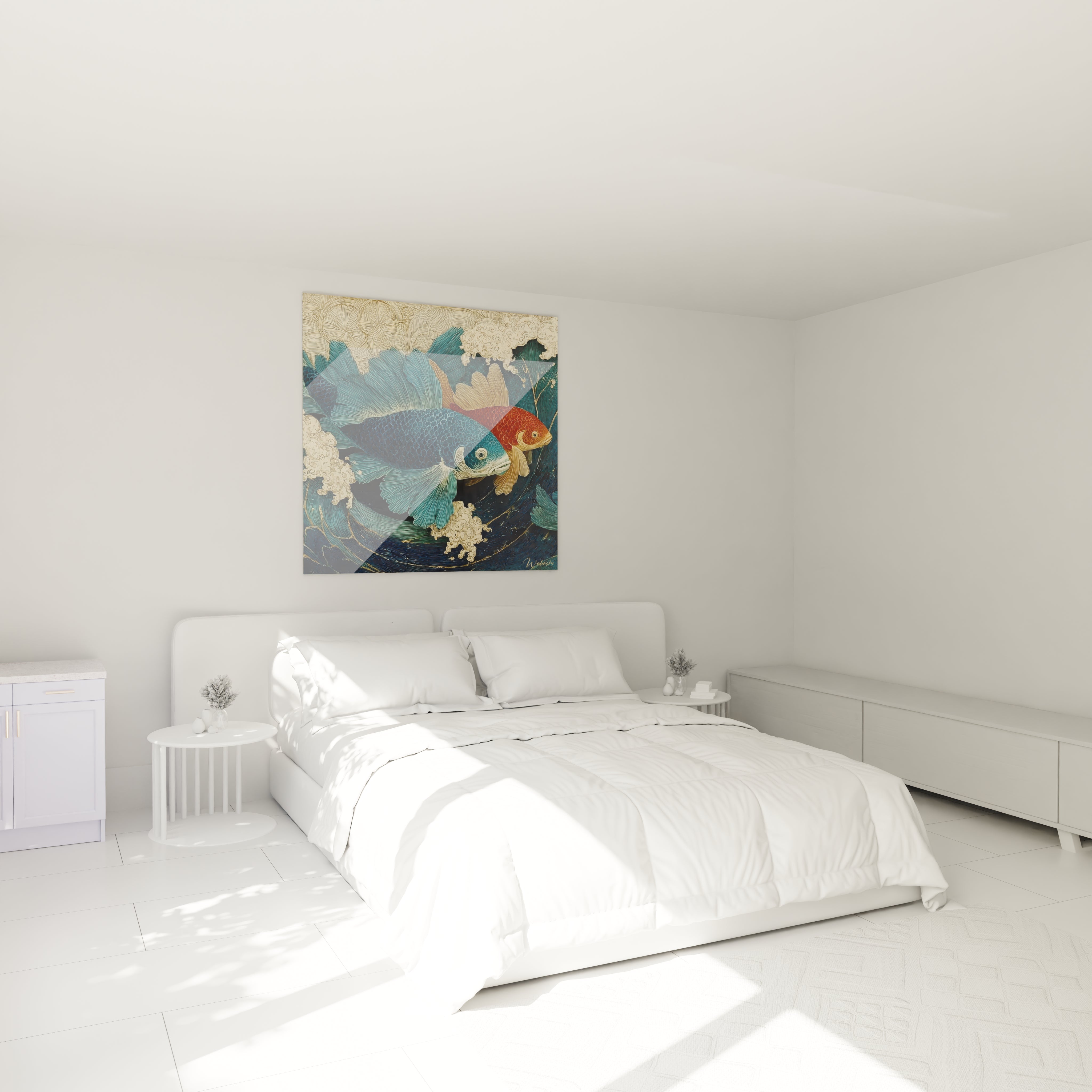 Chambre minimaliste blanche avec grande toile Walensky représentant tableau poissons art nouveau coloré au dessus du lit