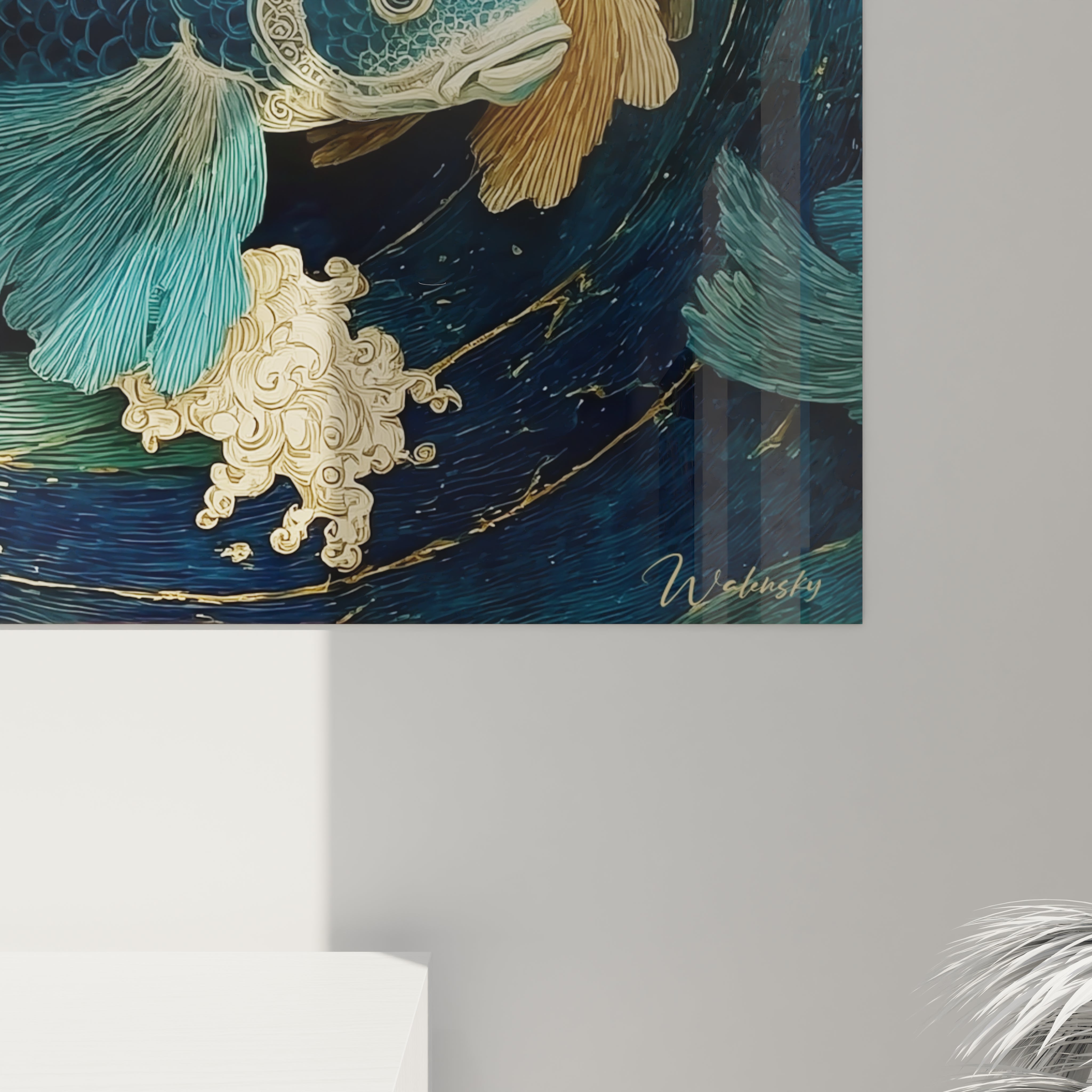 tableau poissons art nouveau mural Walensky bleu et or avec details de carpe et vagues