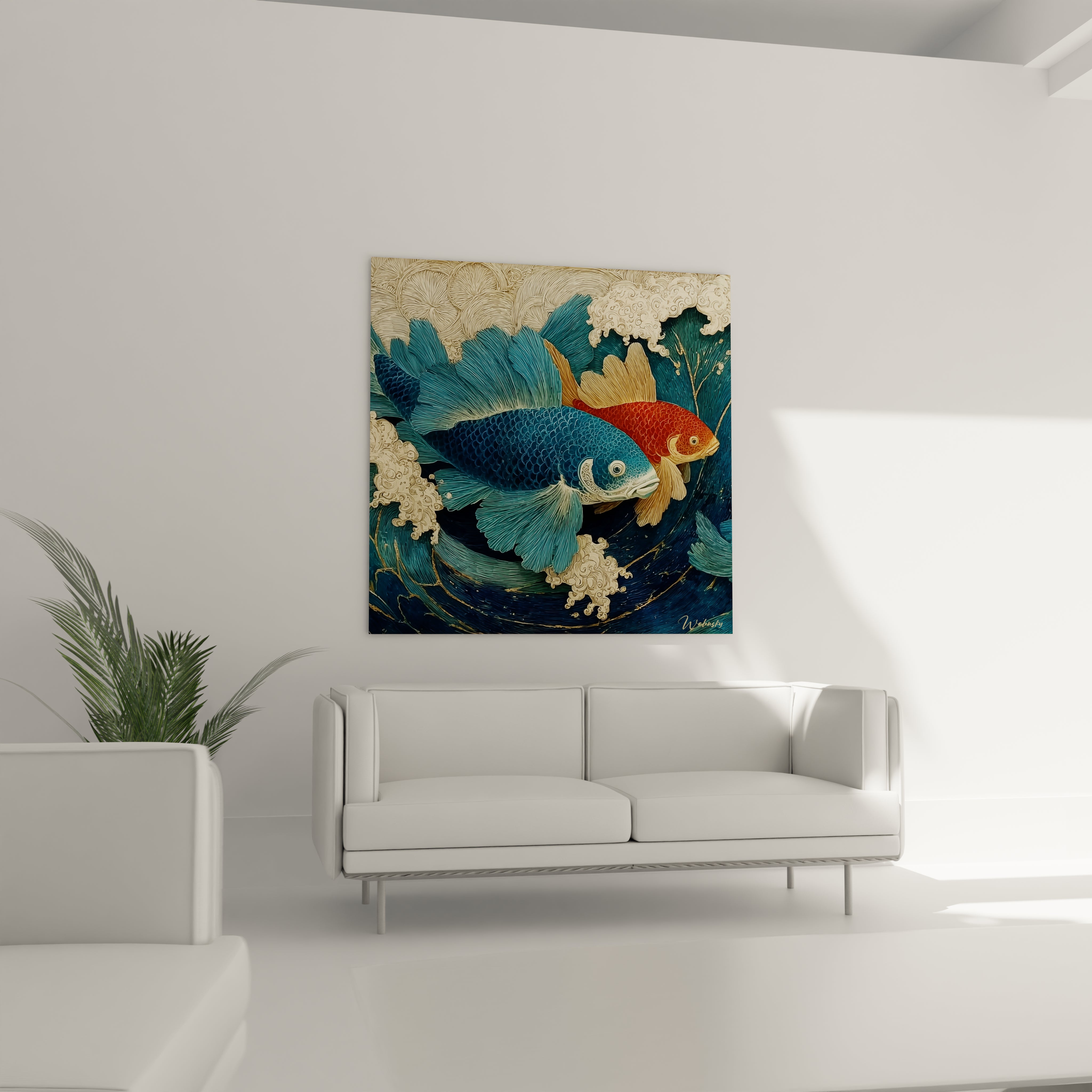 tableau poissons art nouveau Walensky avec carpes koi bleue et orange vagues dorees toile carree pour decor salon