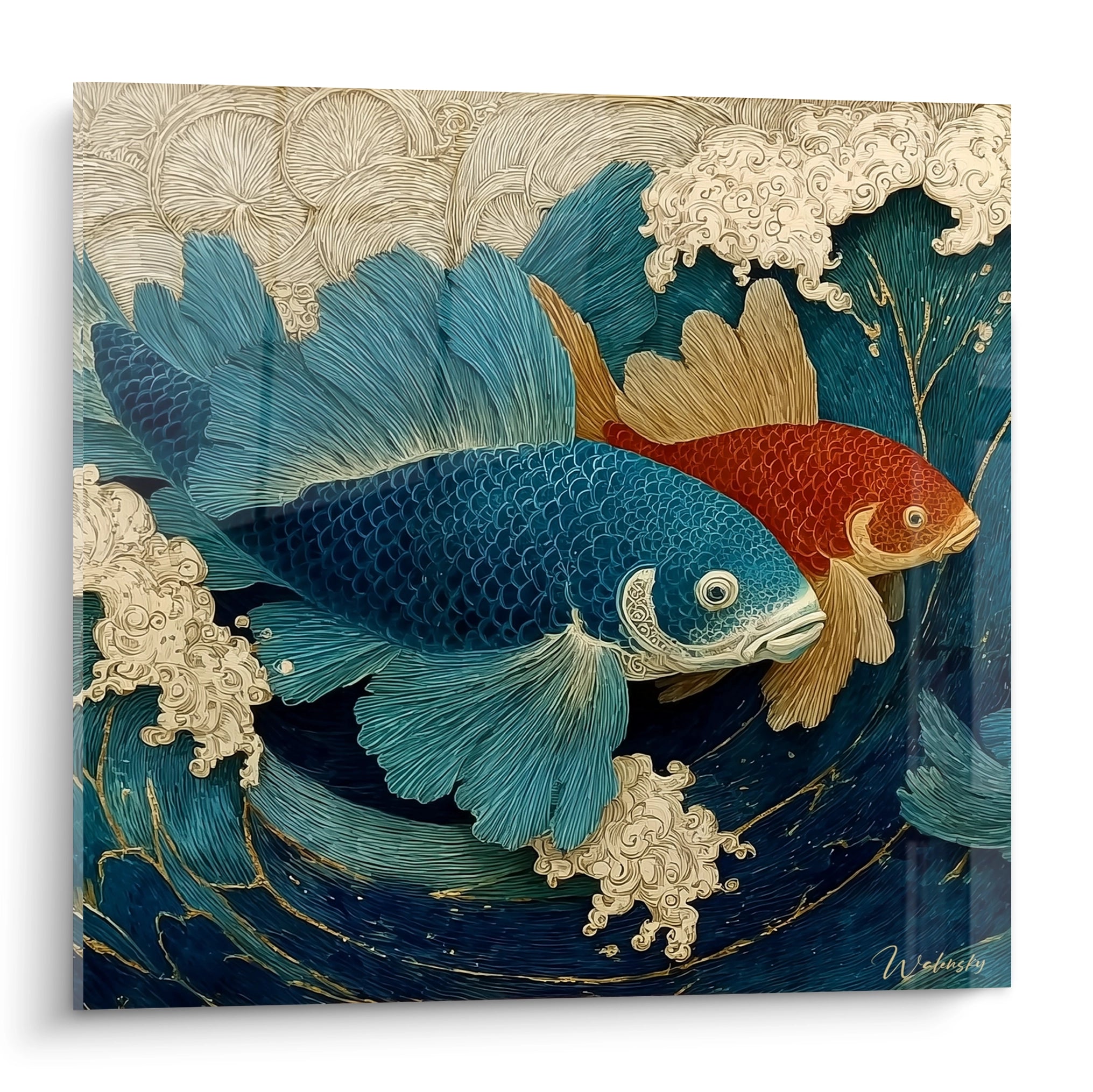 tableau poissons art nouveau Walensky deux carpes bleu et rouge sur vagues stylisees decoration murale
