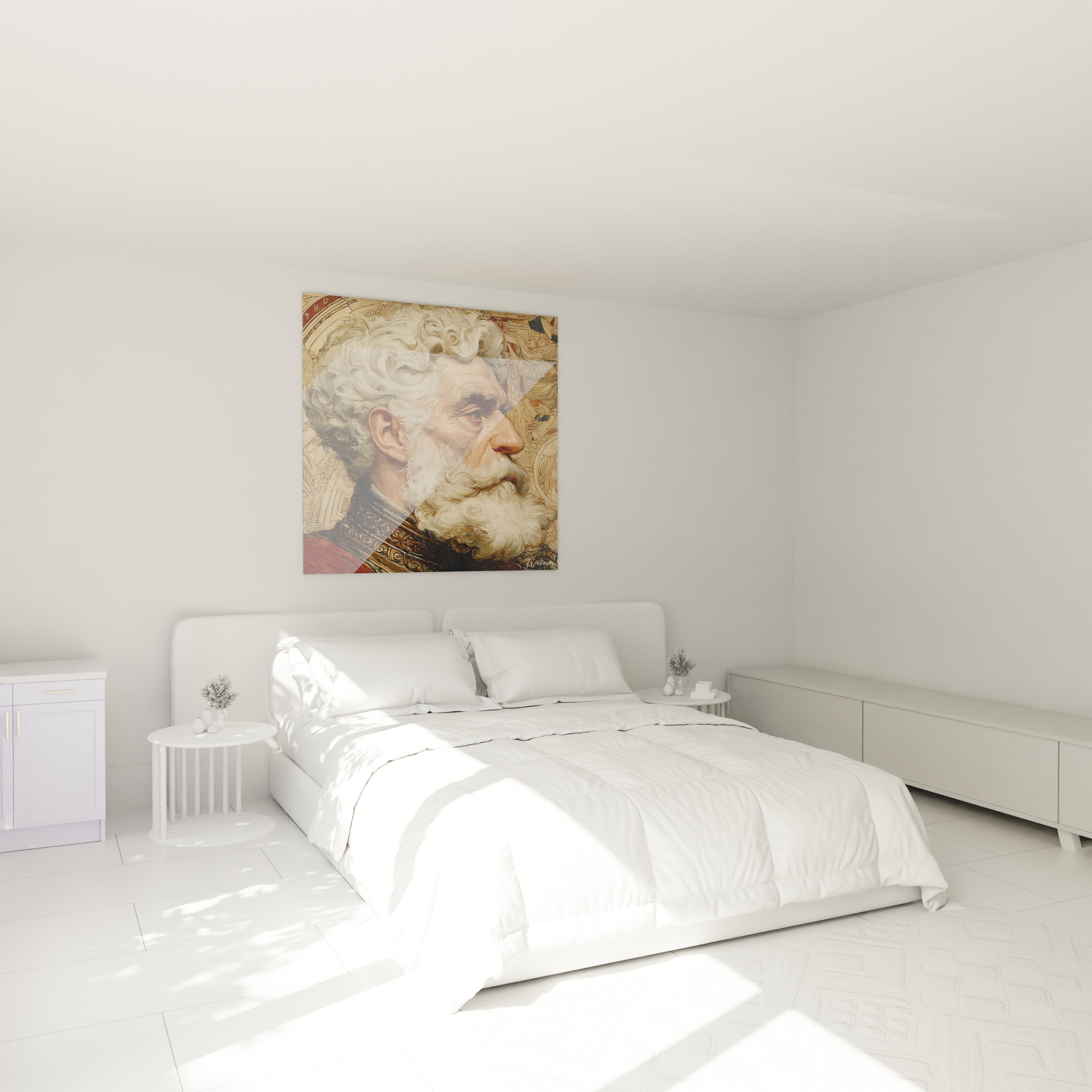 Tableau mural tableau portrait Alexandre le Grand, portrait d'homme barbu accroché au dessus d'un lit minimaliste