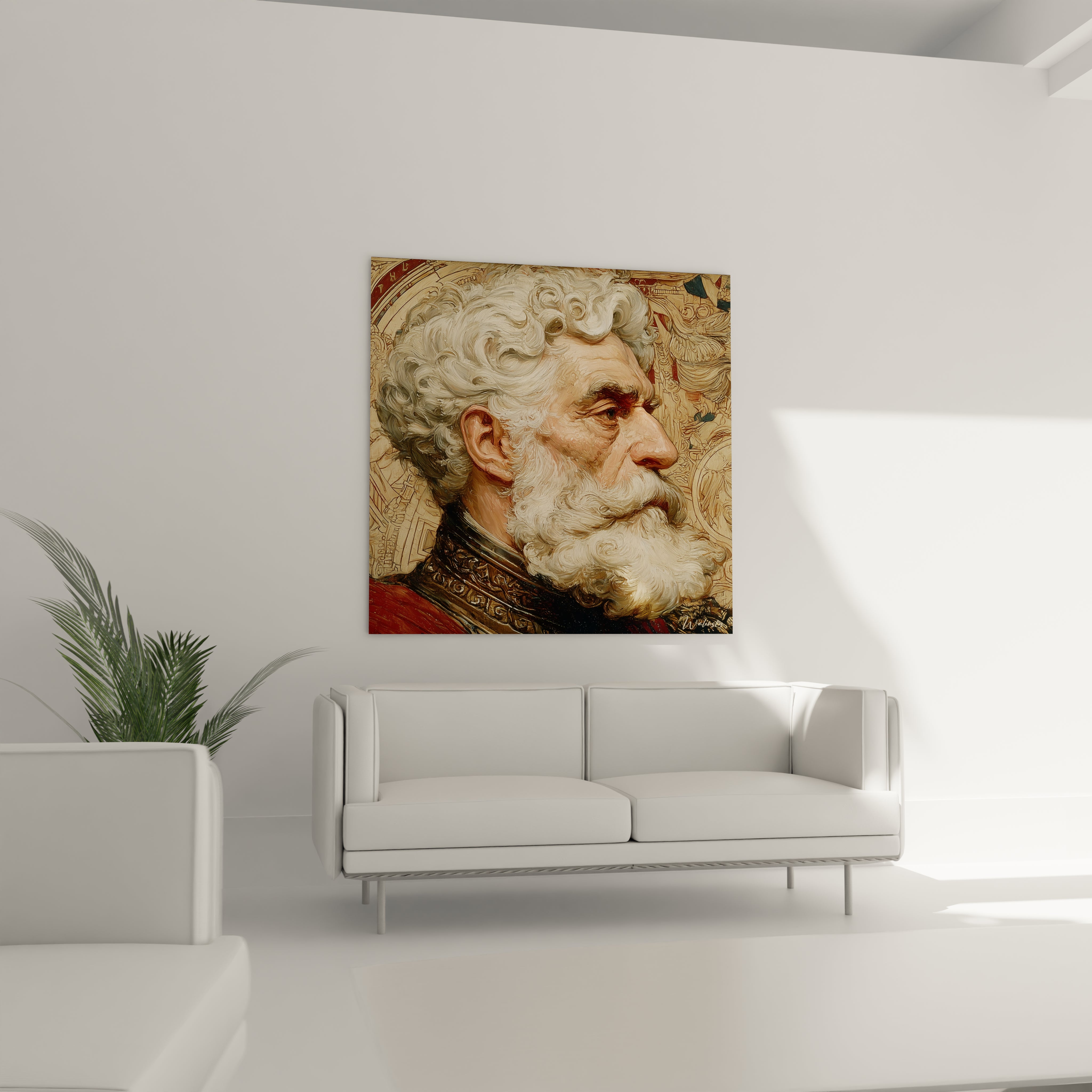 tableau portrait Alexandre le Grand Walensky accroché au mur au dessus d un canapé blanc portrait d homme barbu de profil