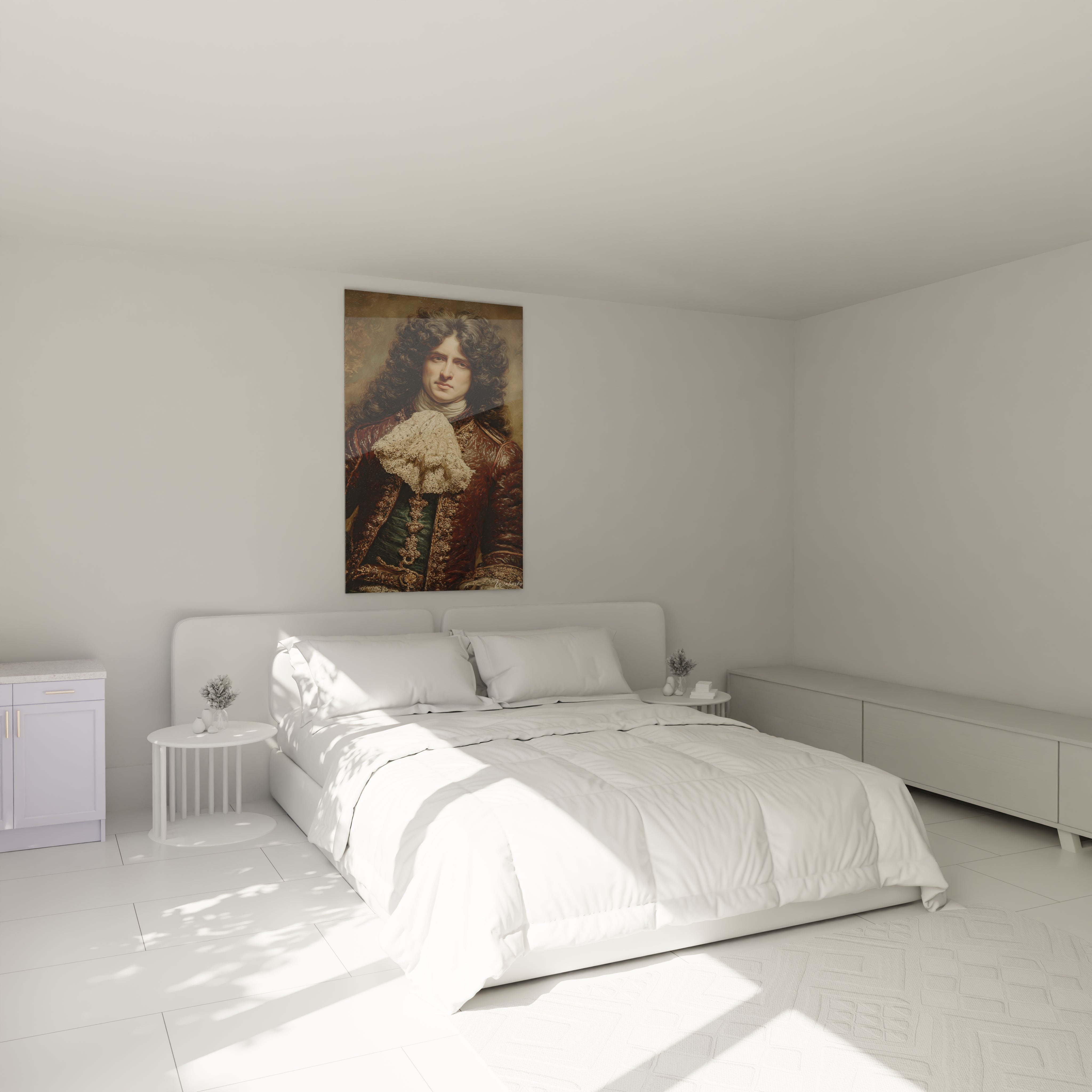 Tableau mural Walensky avec tableau portrait aristocrate Louis XIV accroche au dessus d un lit blanc minimaliste