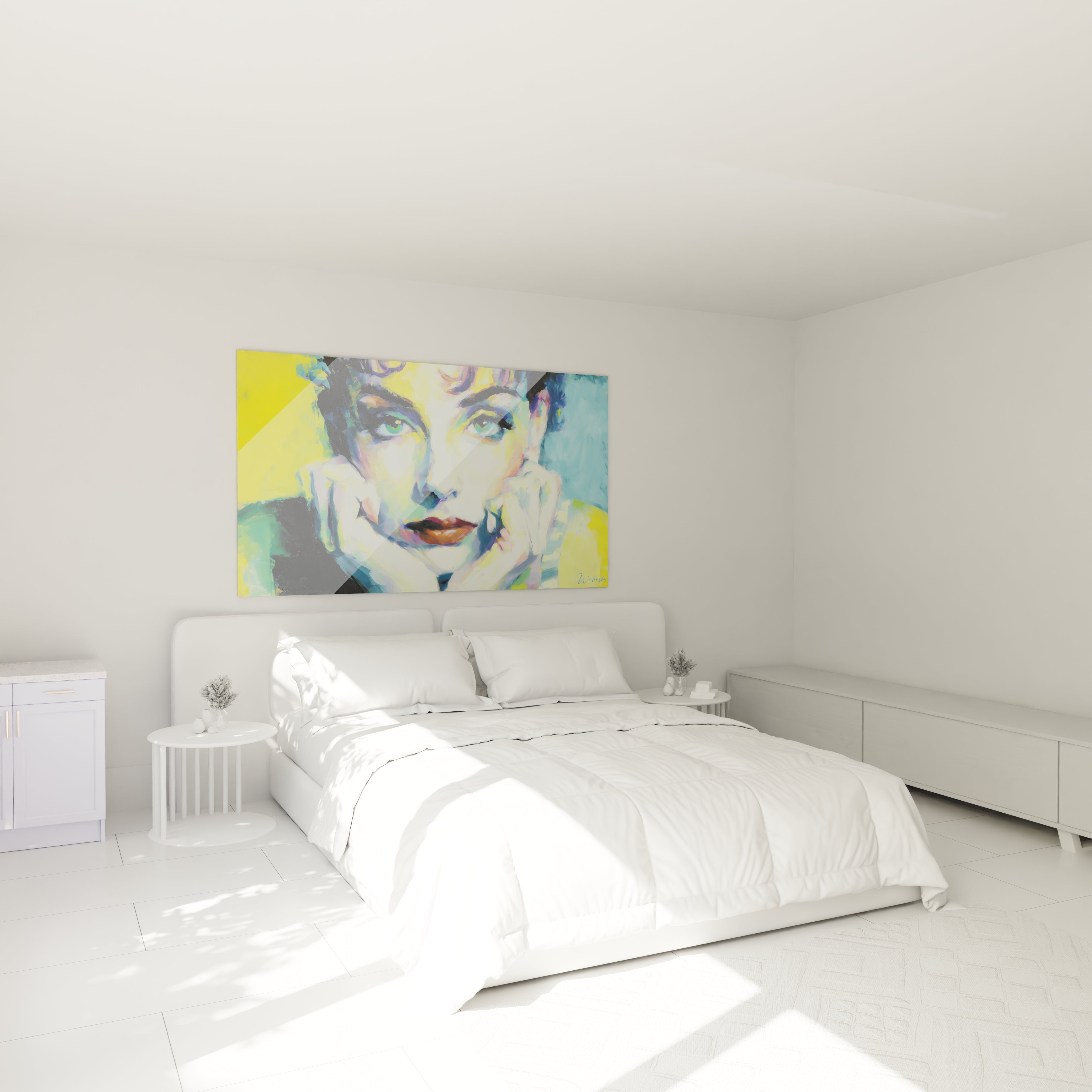 Tableau mural Walensky avec tableau portrait féminin impressionnisme coloré accroché au dessus du lit blanc minimaliste
