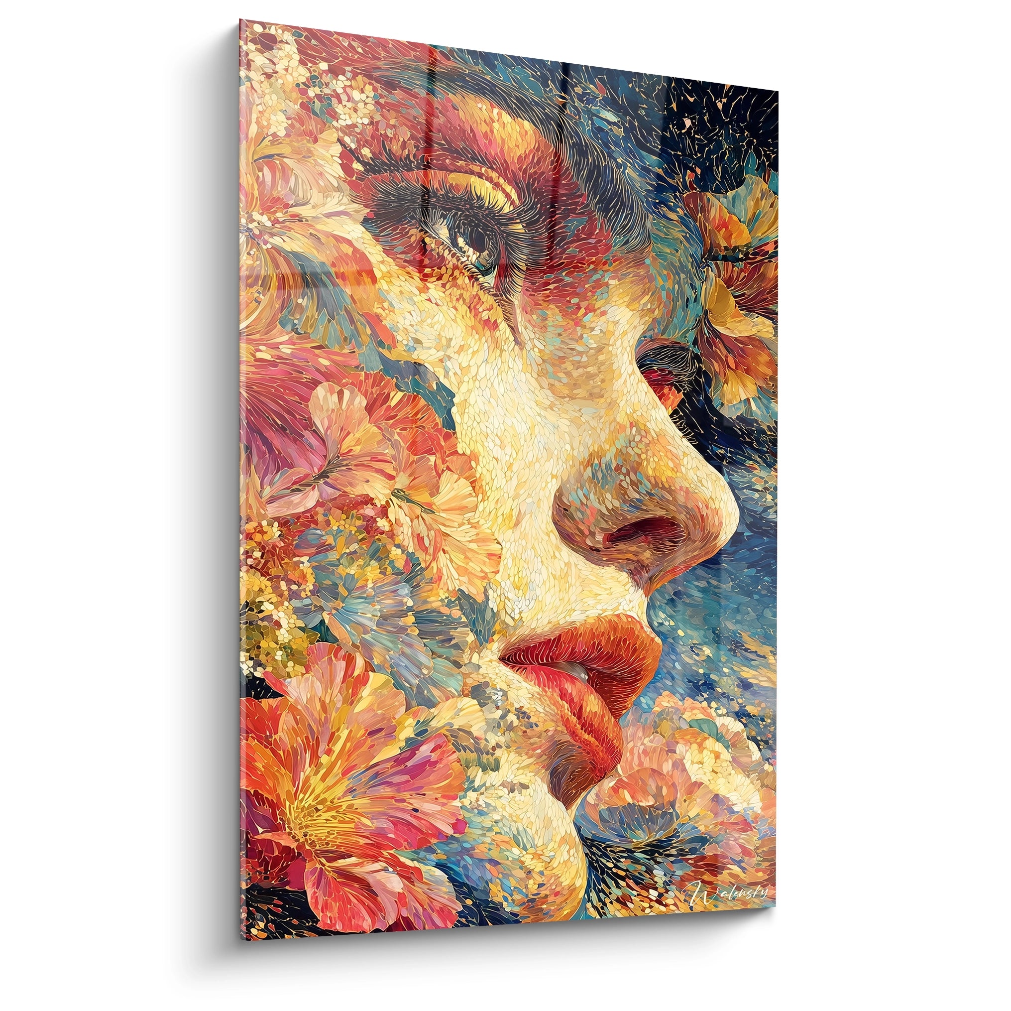 Tableau mural Walensky montrant un tableau portrait féminin pointillisme coloré d'une femme entourée de fleurs