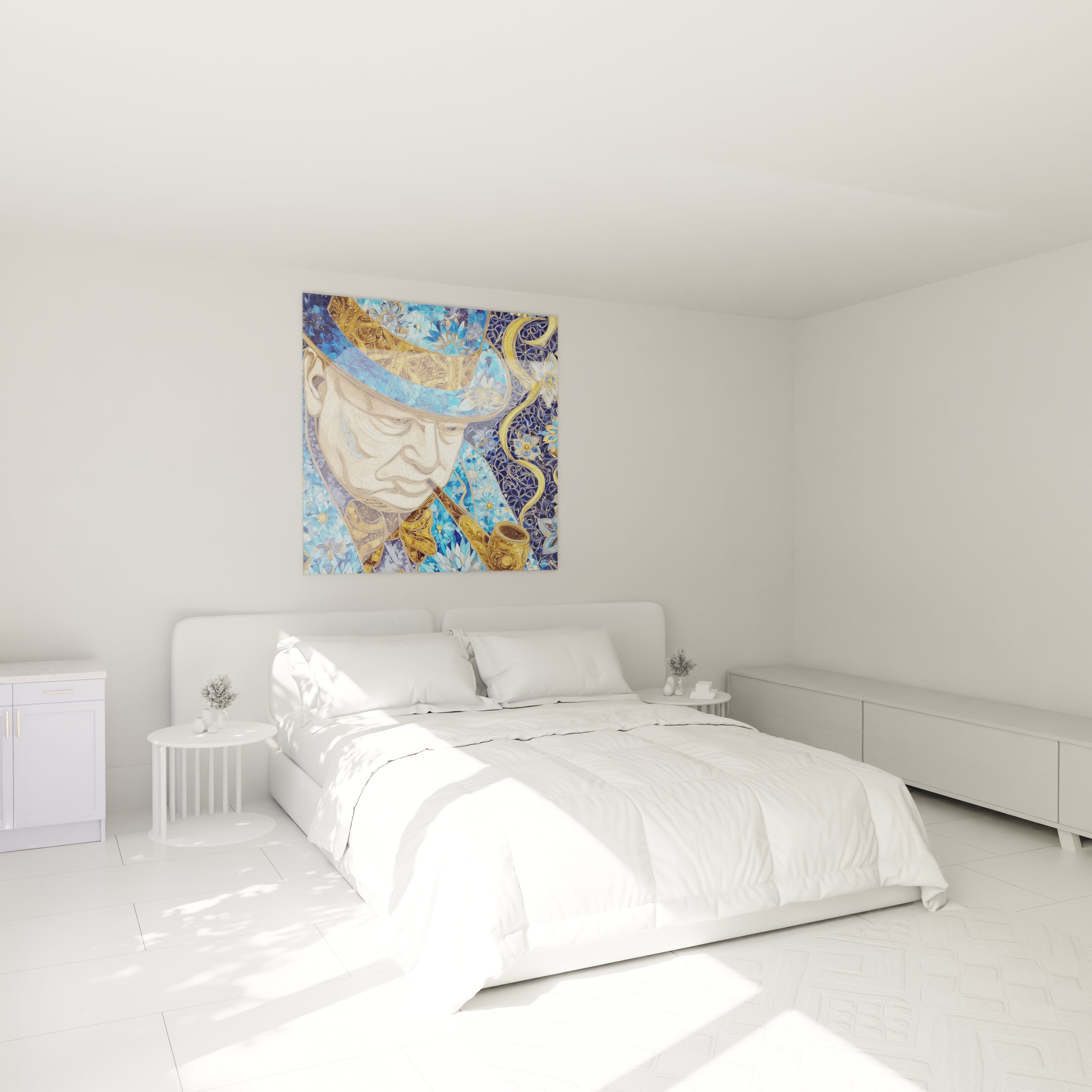 tableau portrait gentleman fleuri Walensky accroche au dessus d un lit blanc minimaliste
