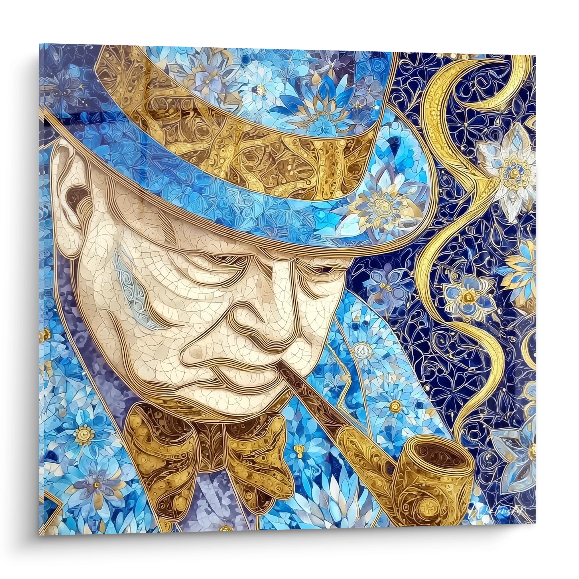Tableau mural Walensky tableau portrait gentleman fleuri style mosaïque bleu et or chapeau pipe élégants