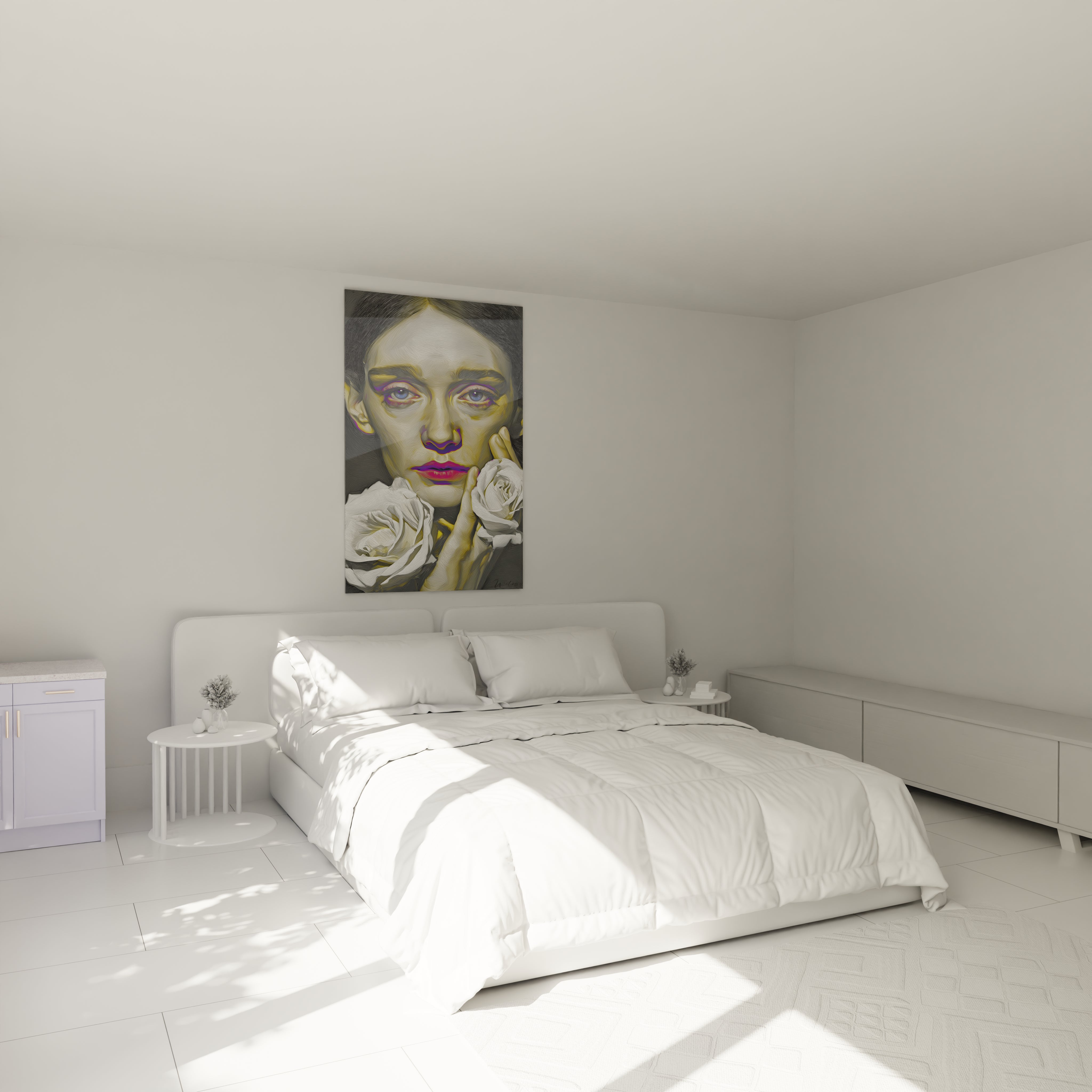 Walensky tableau portrait hyperréalisme femme accroché au dessus d un lit blanc dans une chambre minimaliste