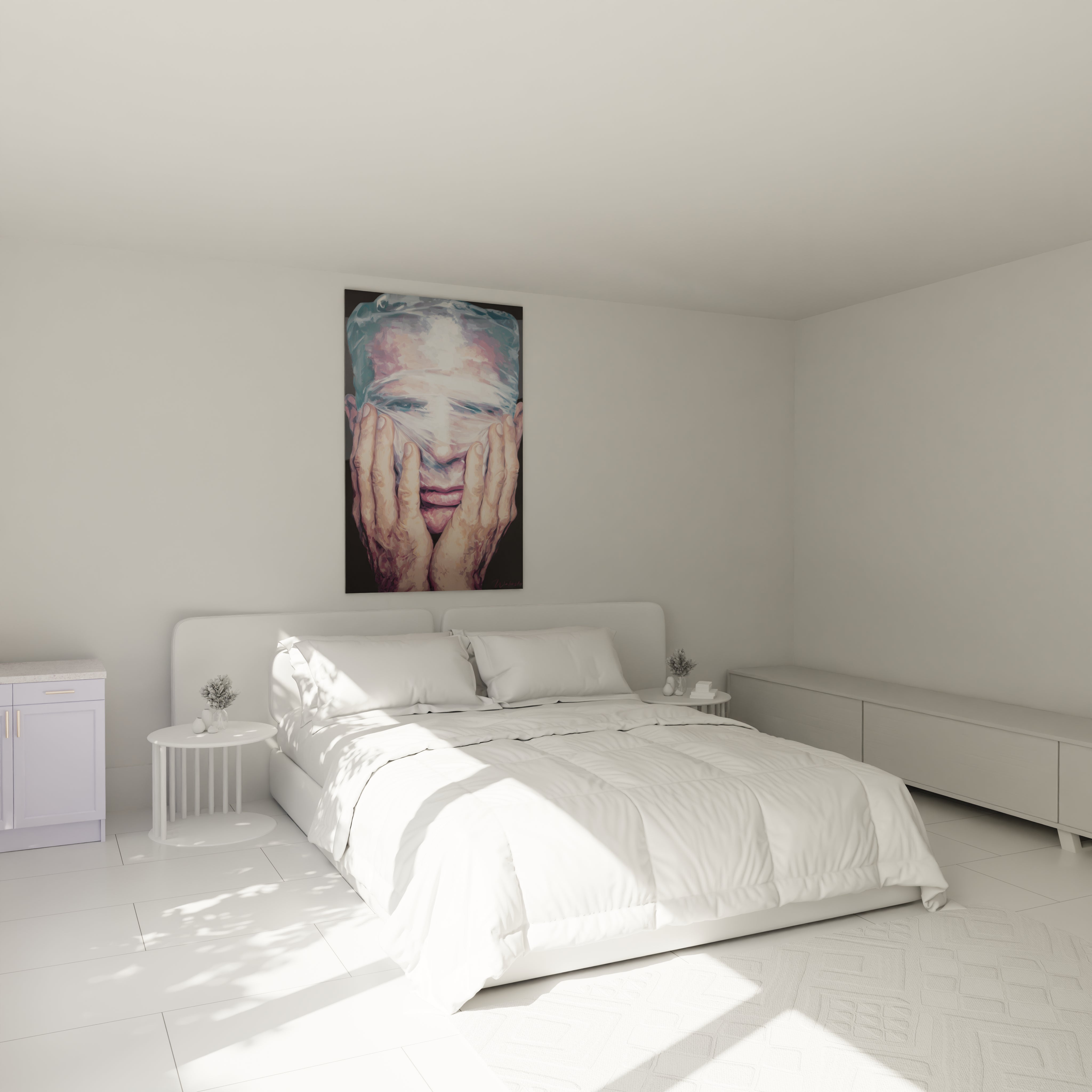 tableau portrait hyperréaliste Walensky accroche au dessus d un lit blanc minimaliste dans une chambre lumineuse