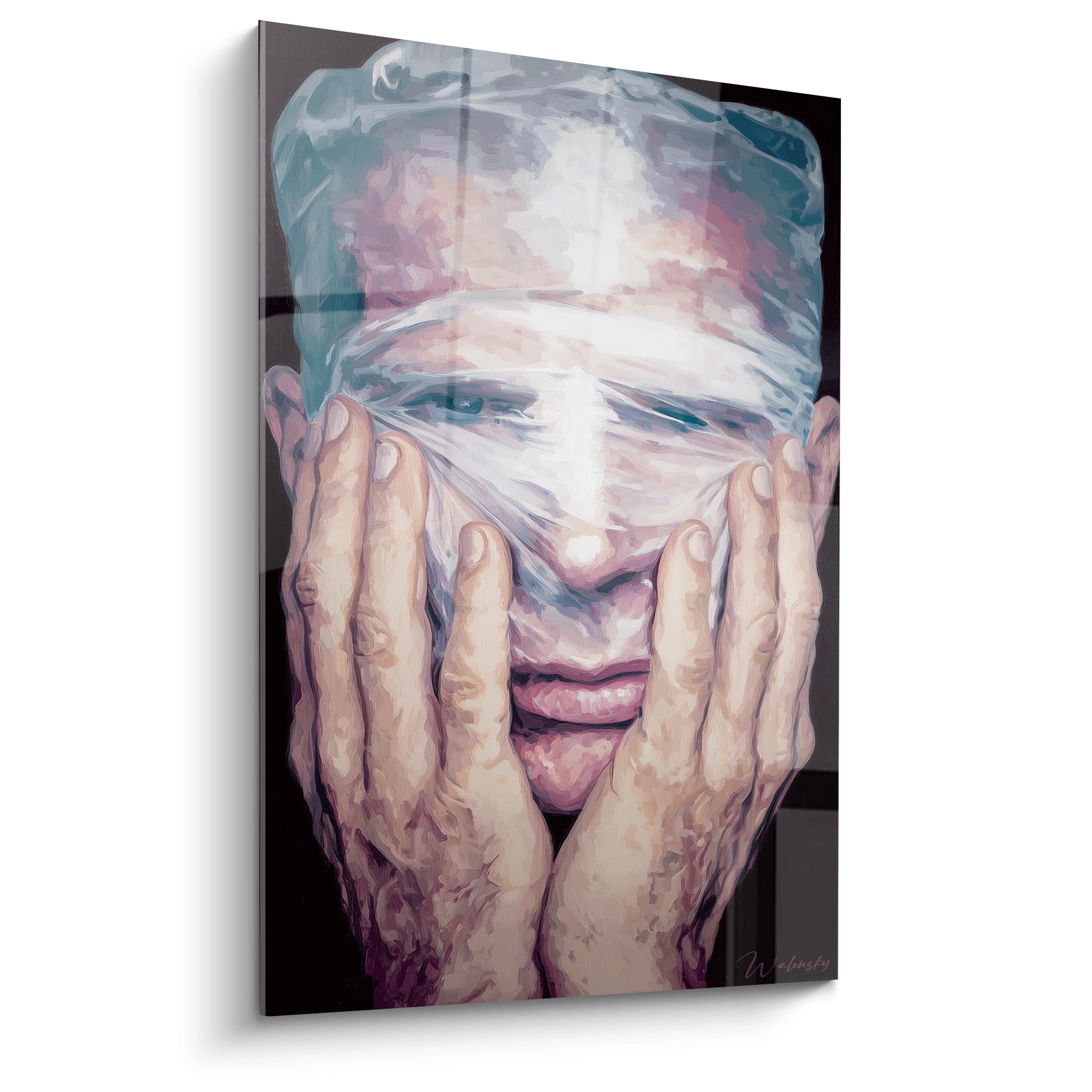 Tableau mural Walensky tableau portrait hyperréaliste d'un homme aux yeux enveloppés de film plastique et mains sur le visage