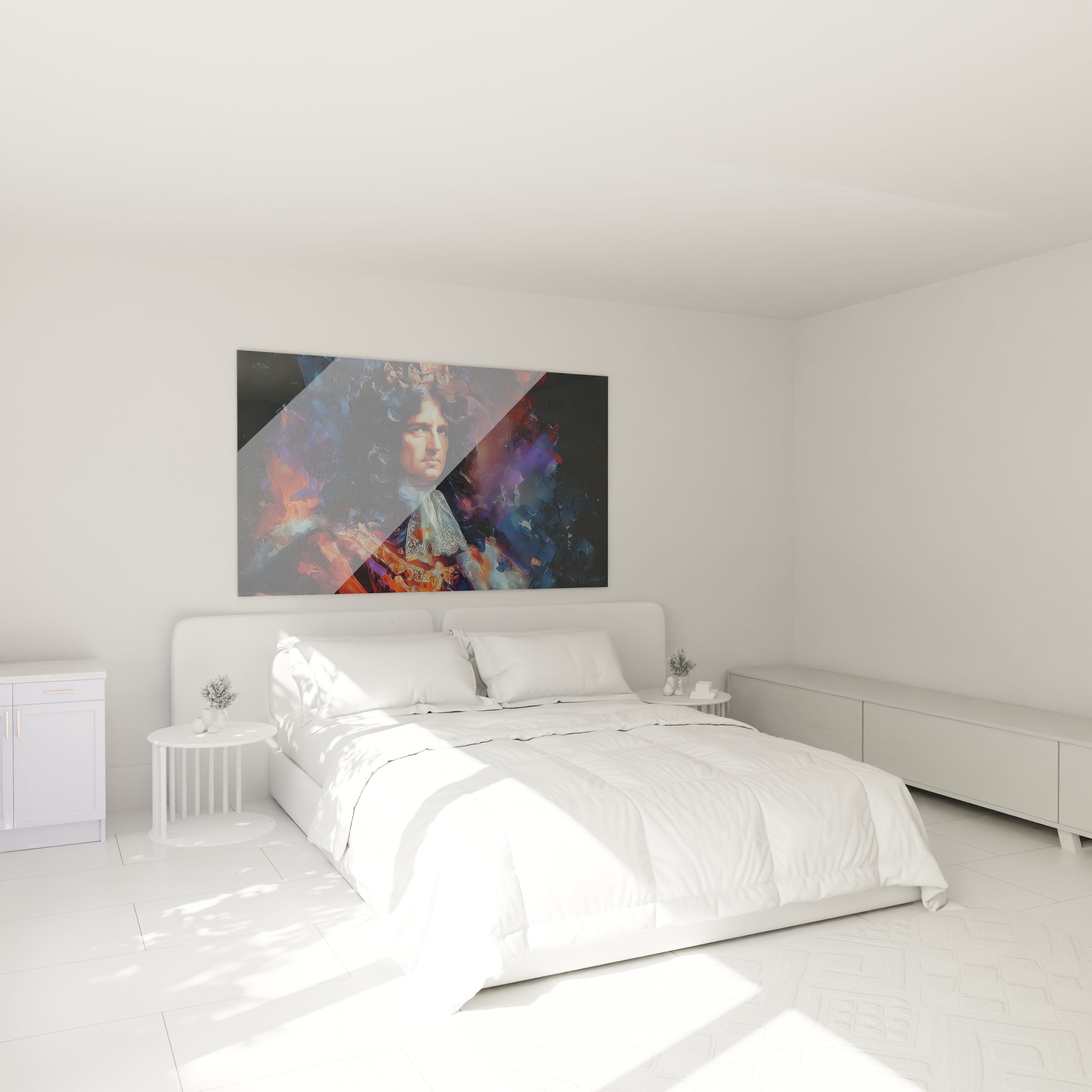 tableau portrait Louis XIV mural Walensky style baroque moderne accroché au dessus d un lit blanc minimaliste