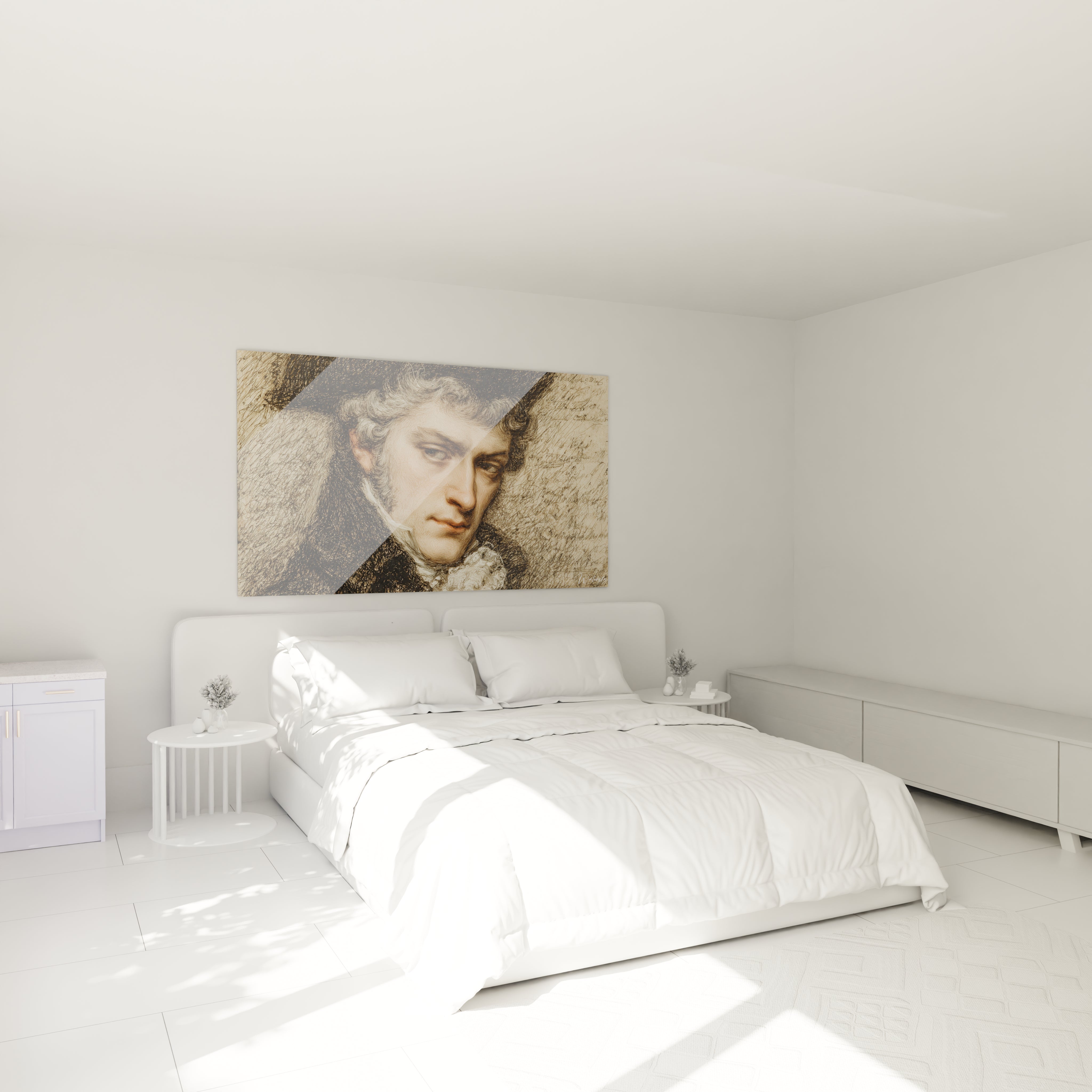 tableau portrait Louis XVI Walensky accroche au dessus du lit dans une chambre blanche minimaliste grand format