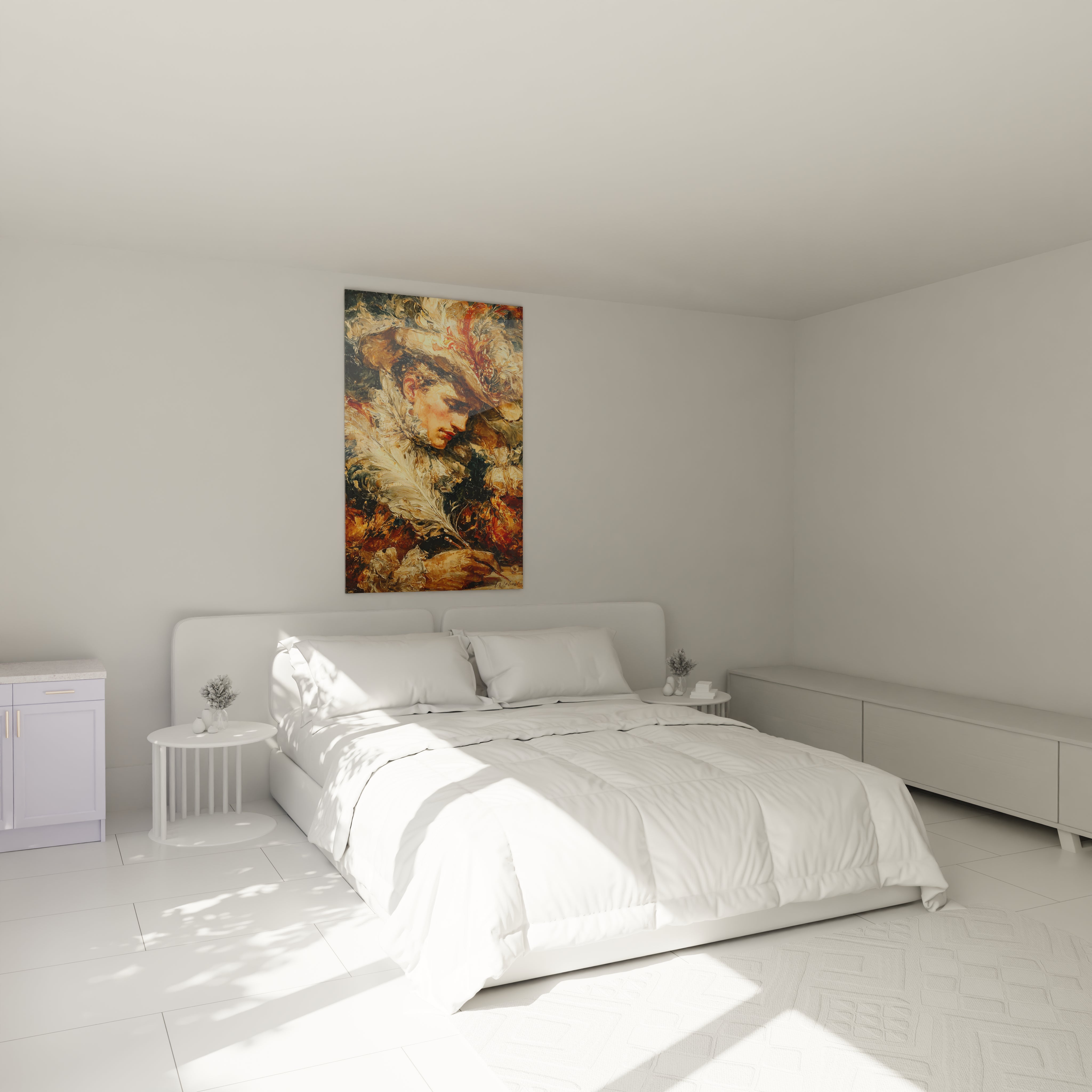 Tableau mural Walensky presentant un tableau portrait masculin renaissance accroche au dessus d un lit blanc minimaliste