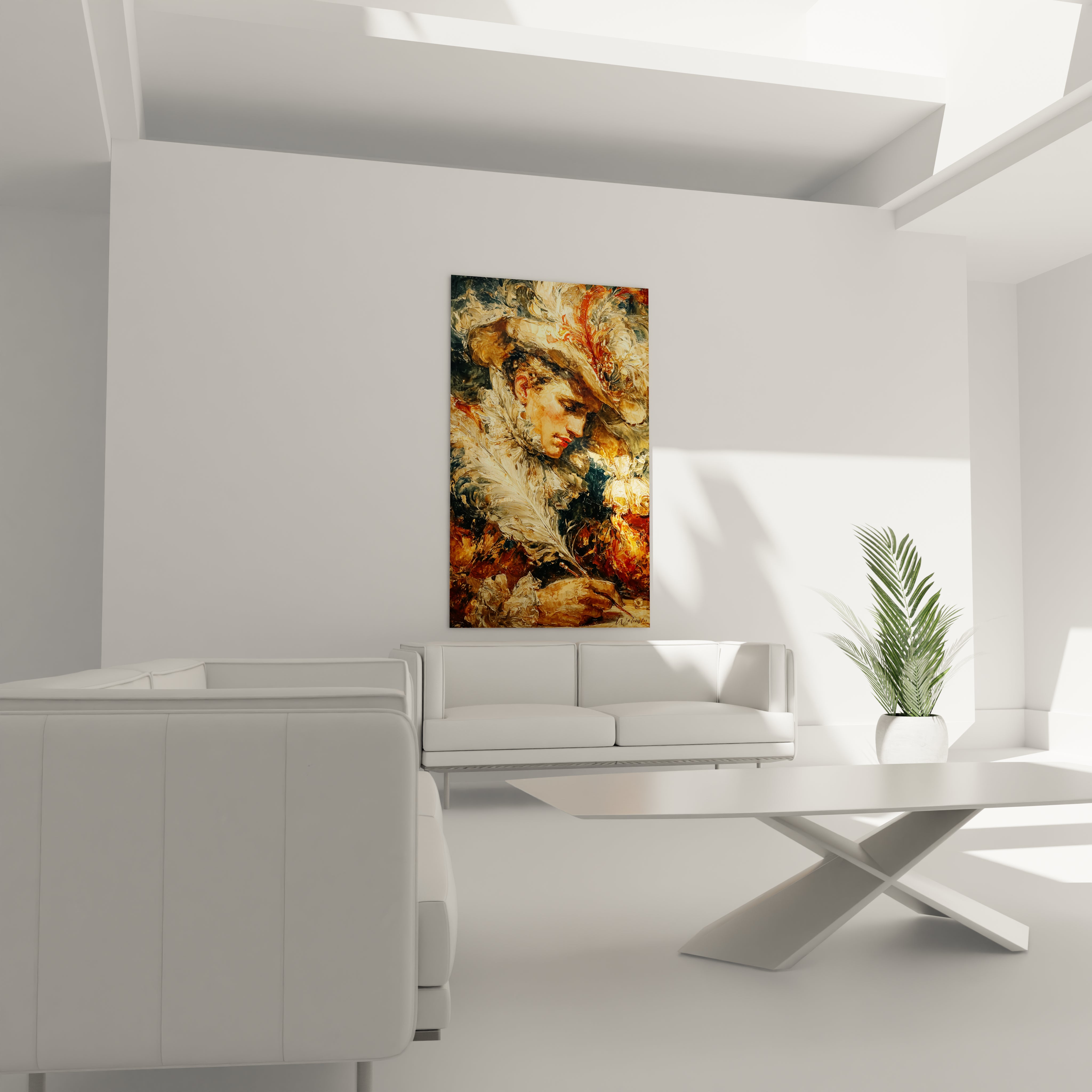 Walensky tableau portrait masculin renaissance mural au dessus d un canapé blanc dans un salon minimaliste