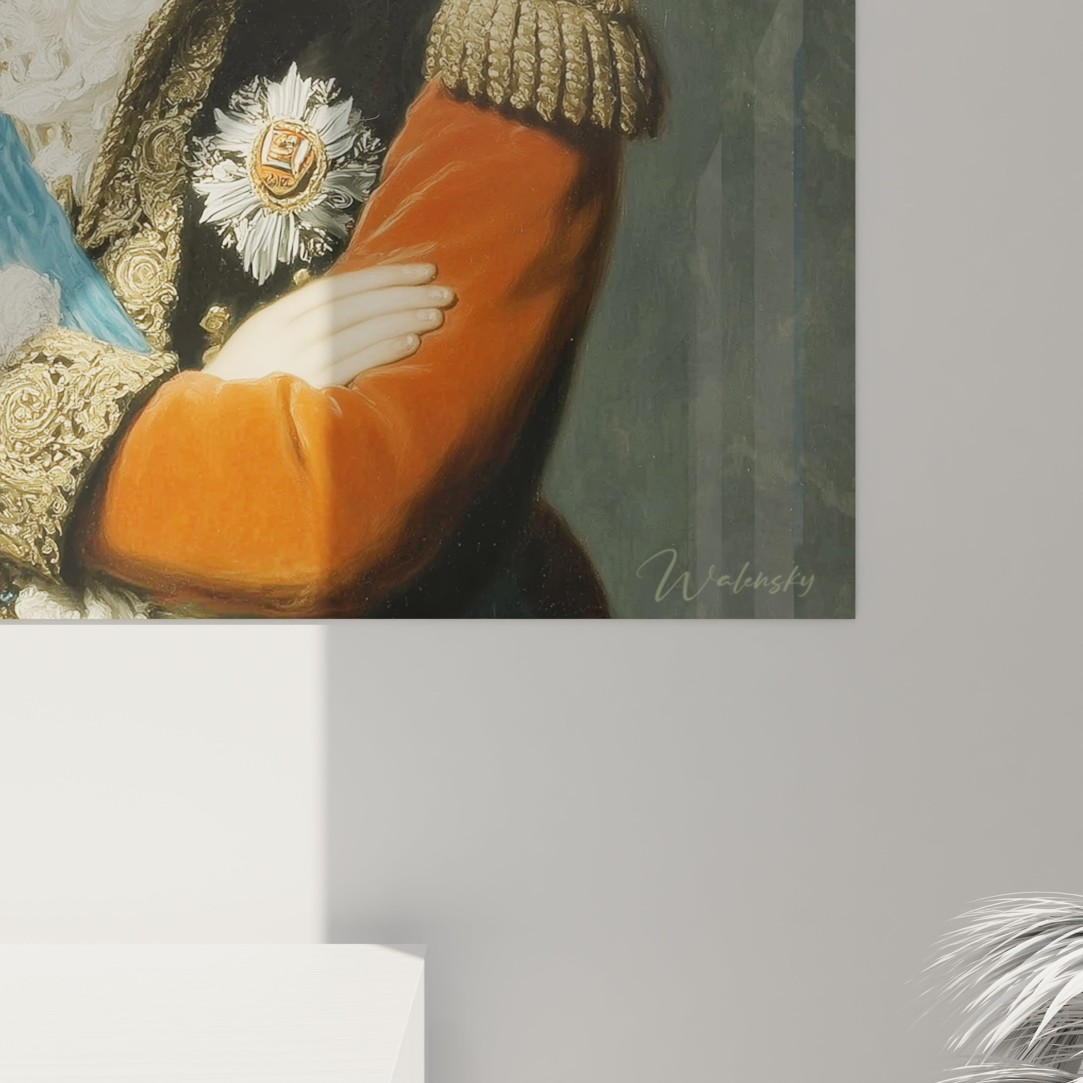 Walensky tableau portrait militaire néo classique mural montrant bras croisés, veste orange et médaillon décoratif
