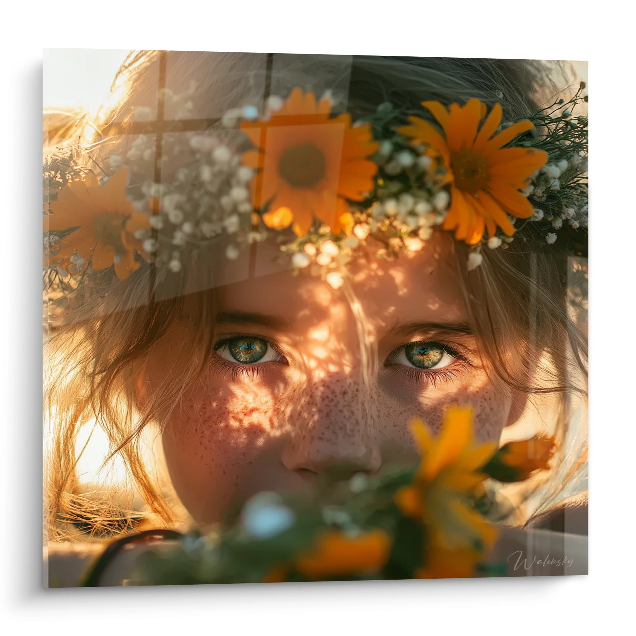 tableau portrait mural fleuri Walensky visage de fillette aux yeux verts couronne de fleurs et lumiere chaude