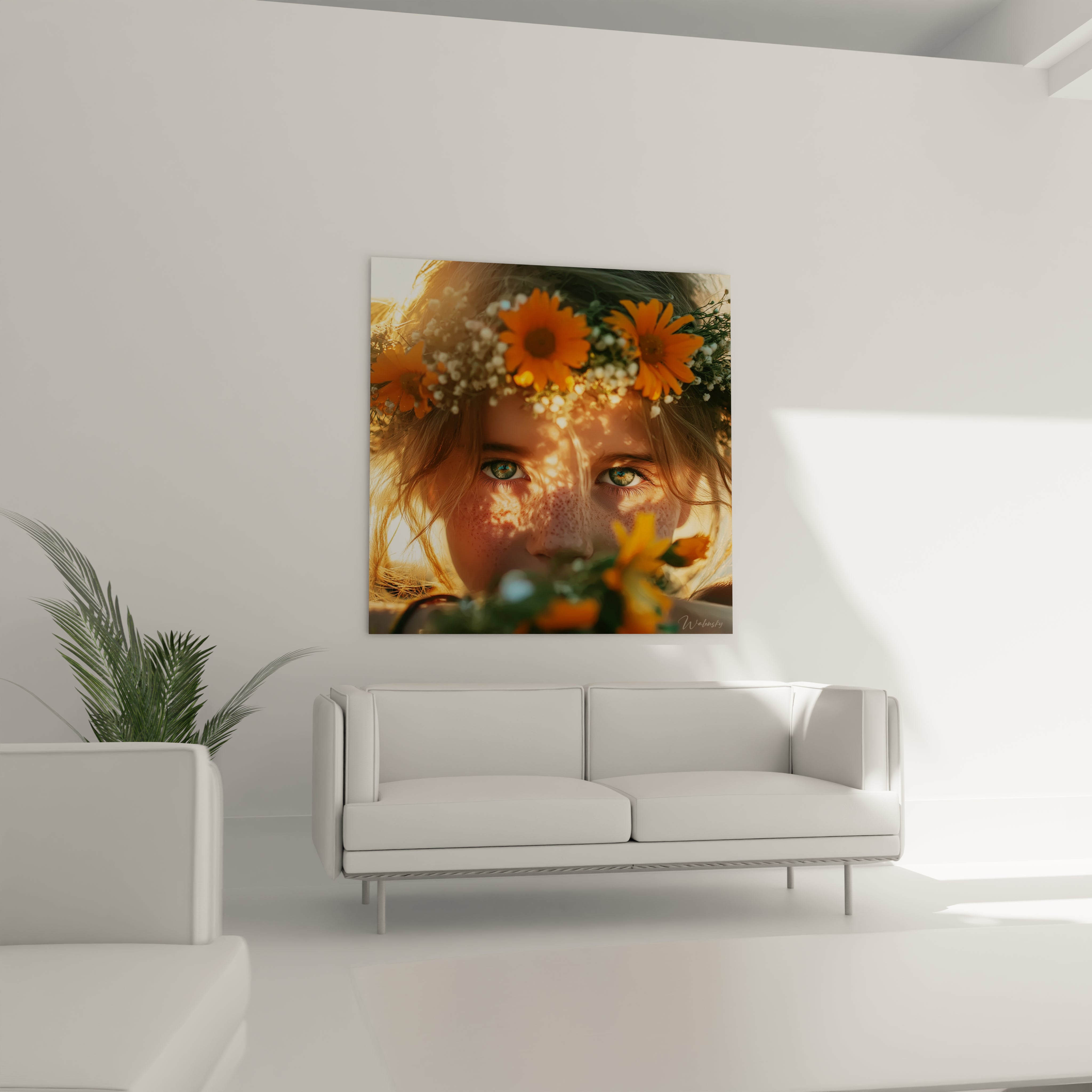 tableau portrait mural fleuri Walensky montrant un portrait de femme aux fleurs orange et lumiere chaleureuse