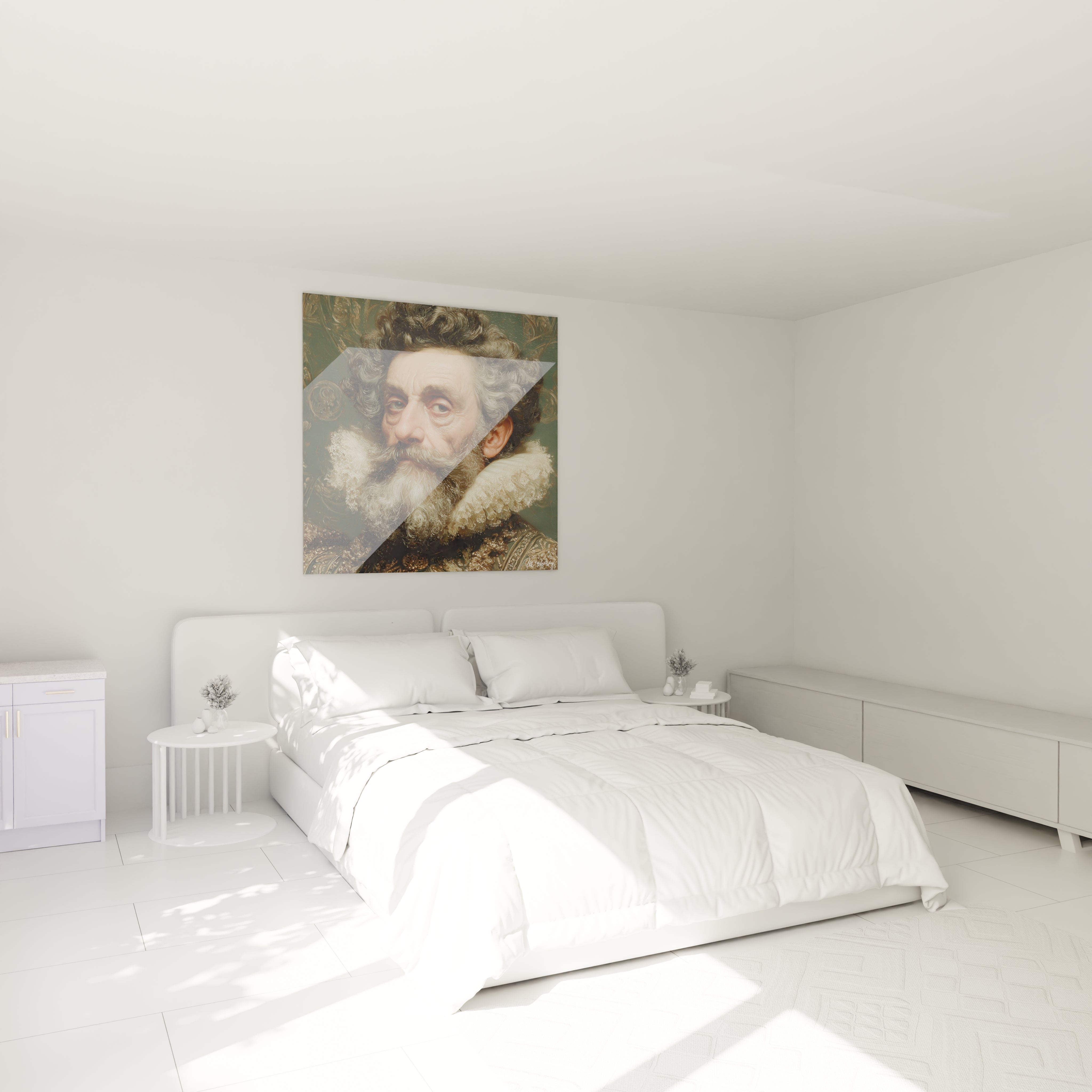 Tableau mural Walensky dans chambre blanche minimaliste avec tableau portrait noblesse accroché au dessus du lit