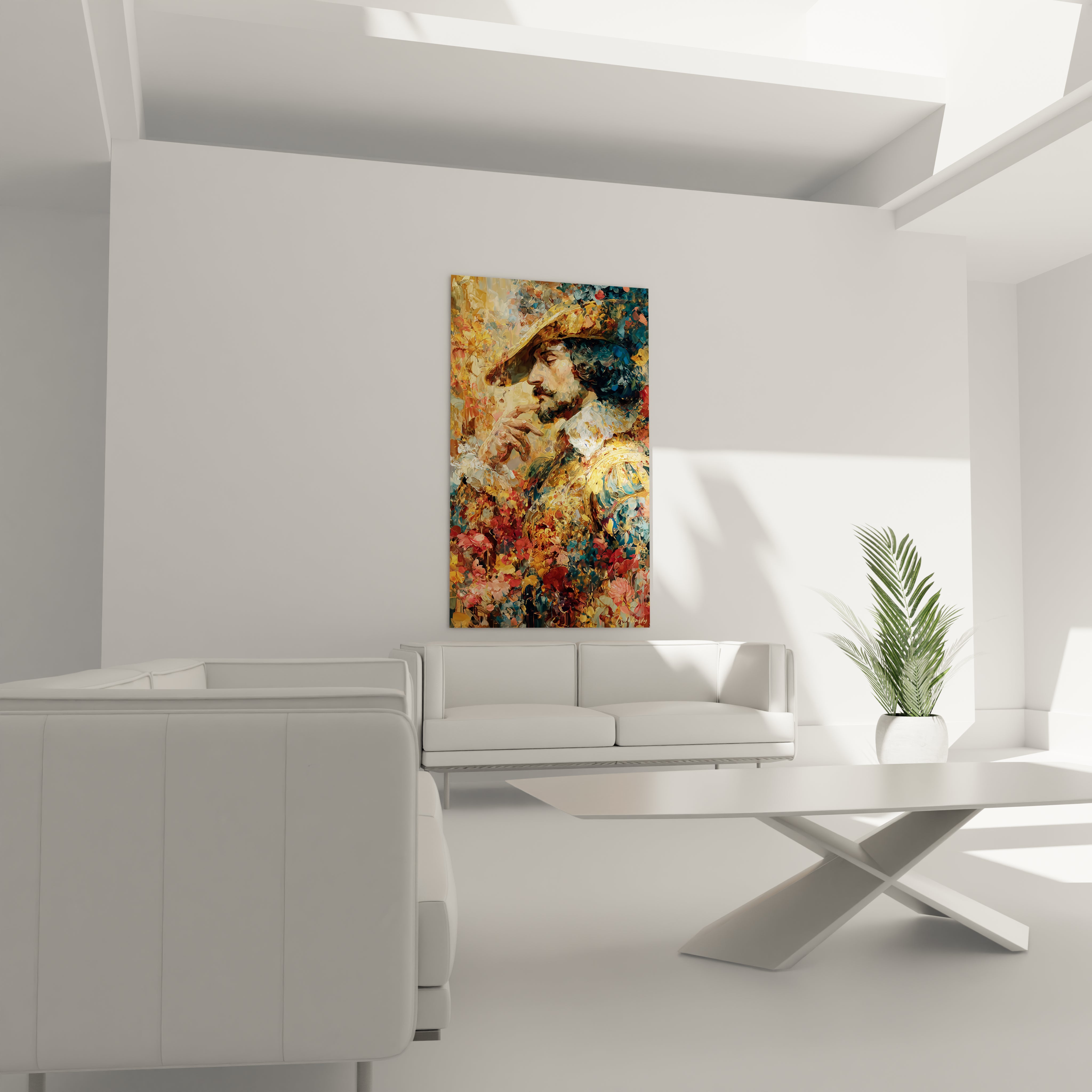 Tableau mural Walensky affichant un tableau portrait renaissance colore representant un homme portant chapeau dans un salon moderne
