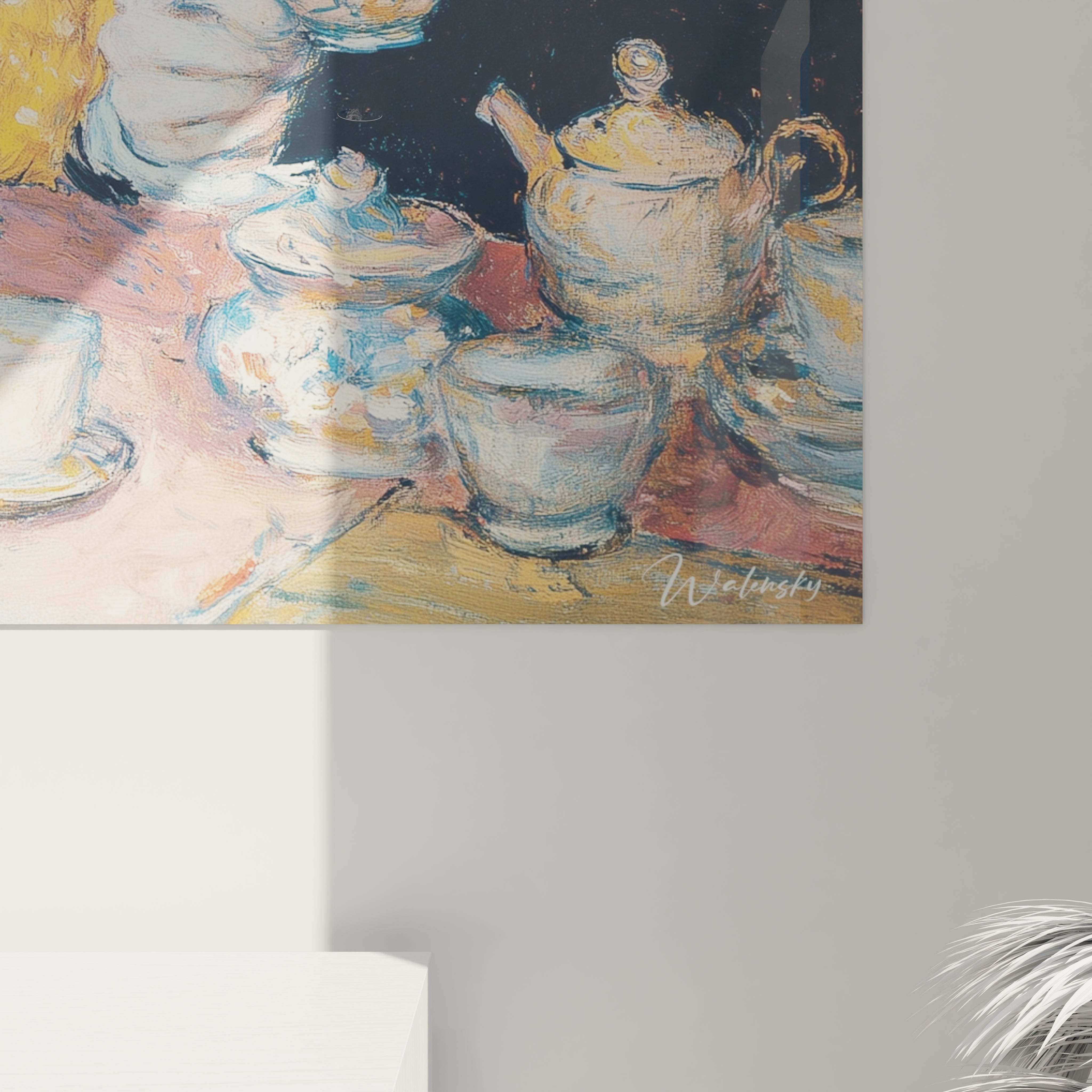 Tableau mural Walensky montrant service à thé et tasses peintes en couleurs pastel tableau post impressionnisme hommes café