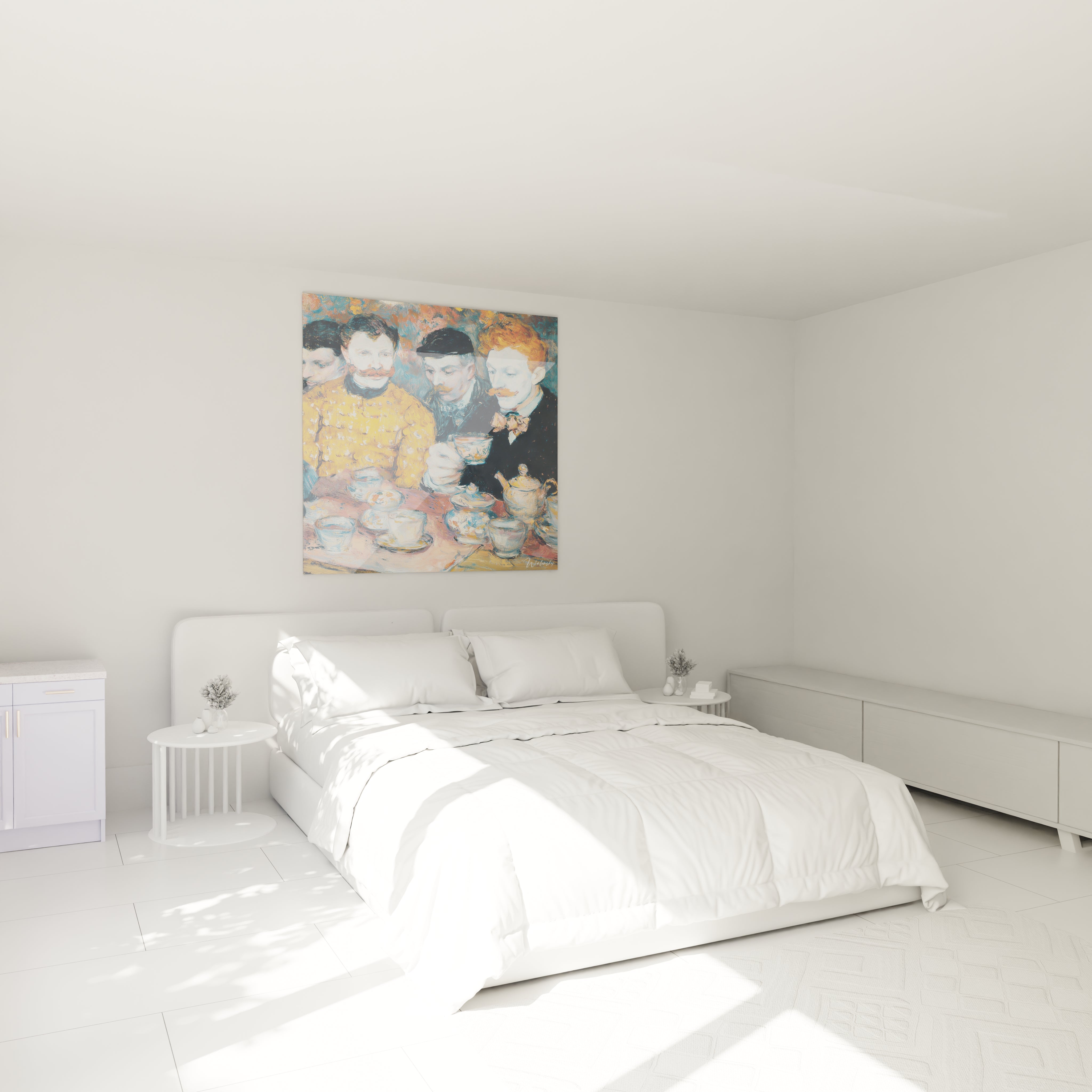 Chambre blanche minimaliste avec grand lit et tableau mural Walensky montrant tableau post impressionnisme hommes café