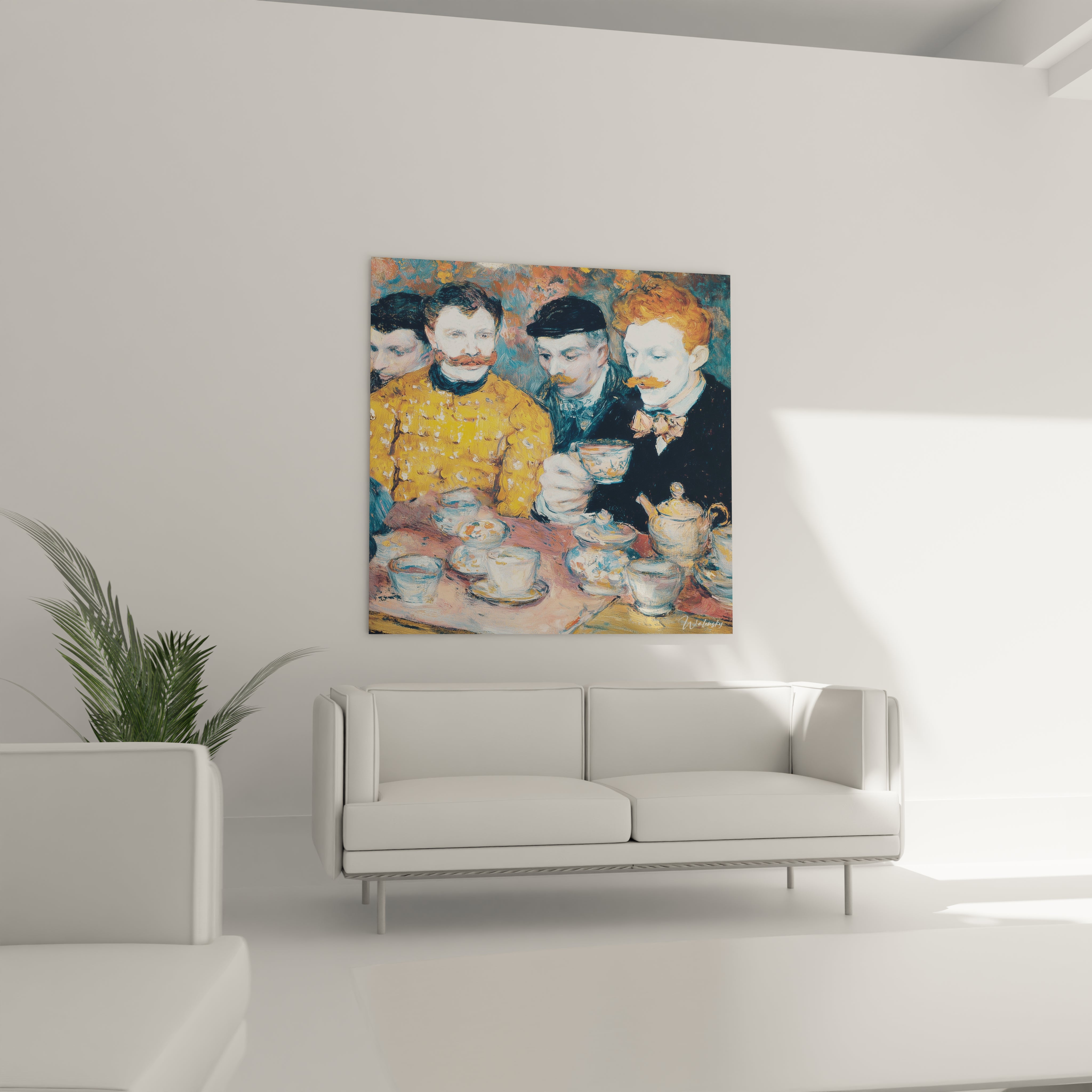 tableau post impressionnisme hommes café par Walensky accroché au dessus d un canapé blanc dans un salon minimaliste
